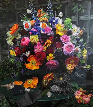 A picture of an art piece which shows multi-colored flowers on a table created by  deaf artist Charles Wildbank