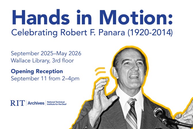 Poster for the exhibit Hands in Motion showing Robert F Panara using ASL