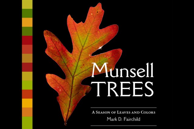 an orange and yellow leaf appears next to a thin vertical bar with reds, oranges, yellows, and greens on it. To the right of the leaf, the title of the book, Munsell Trees appears.