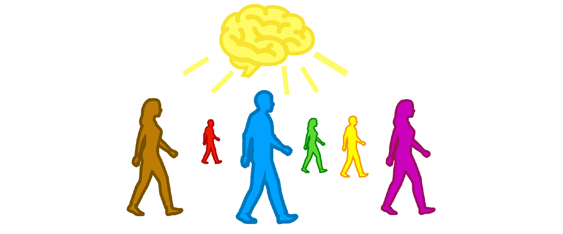 Drawing of people walking with a brain above.