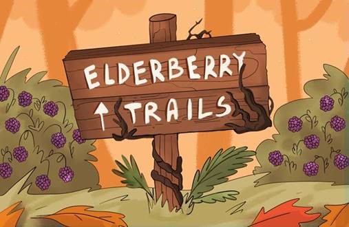 Elderberry Trails graphic sign surrounded with shrubs with berries on them