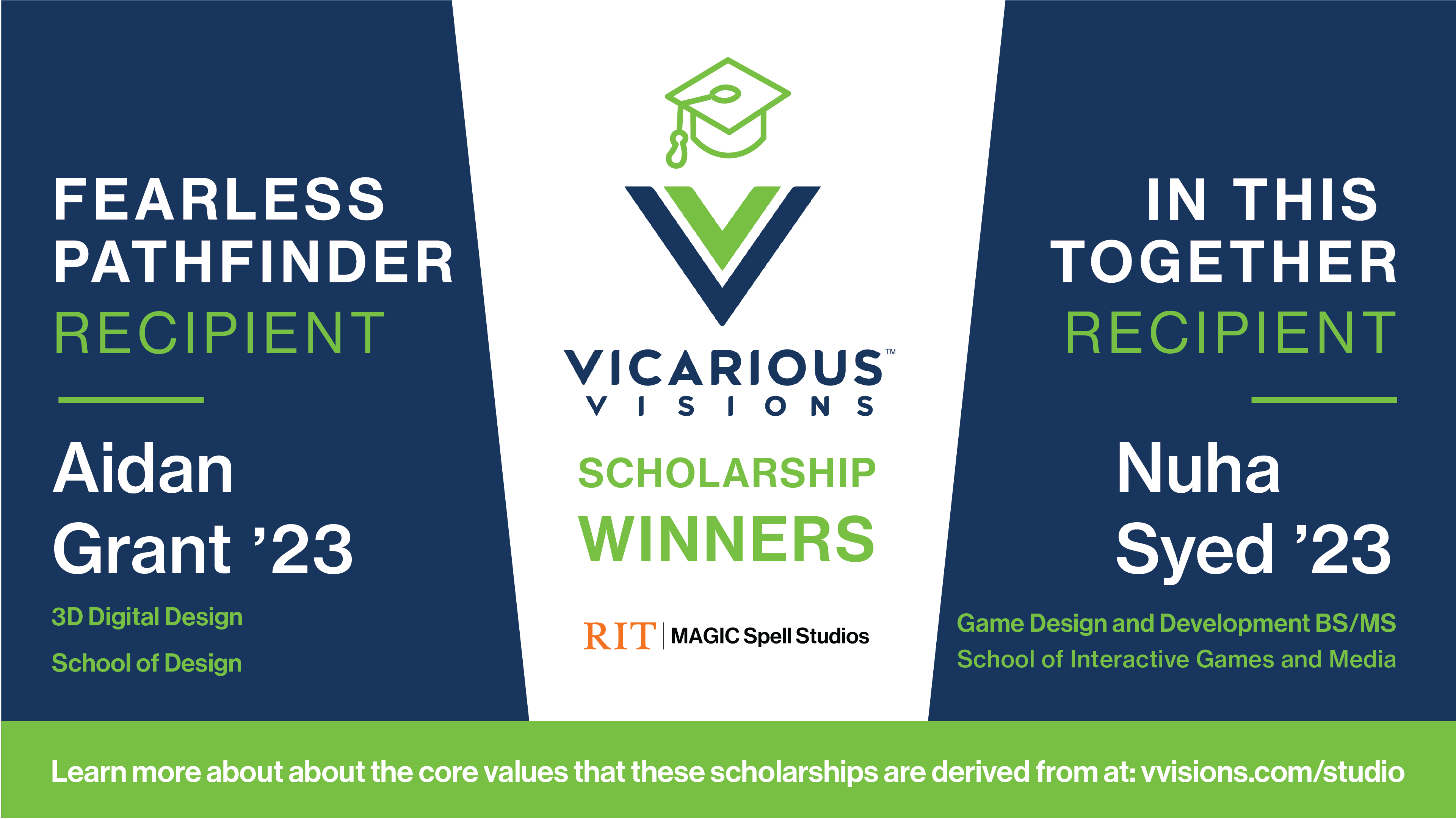 blue and green graphic announcing Vicarious Visions scholarship winners