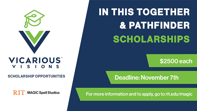 blue and green graphic announcing Vicarious Visions scholarship winners
