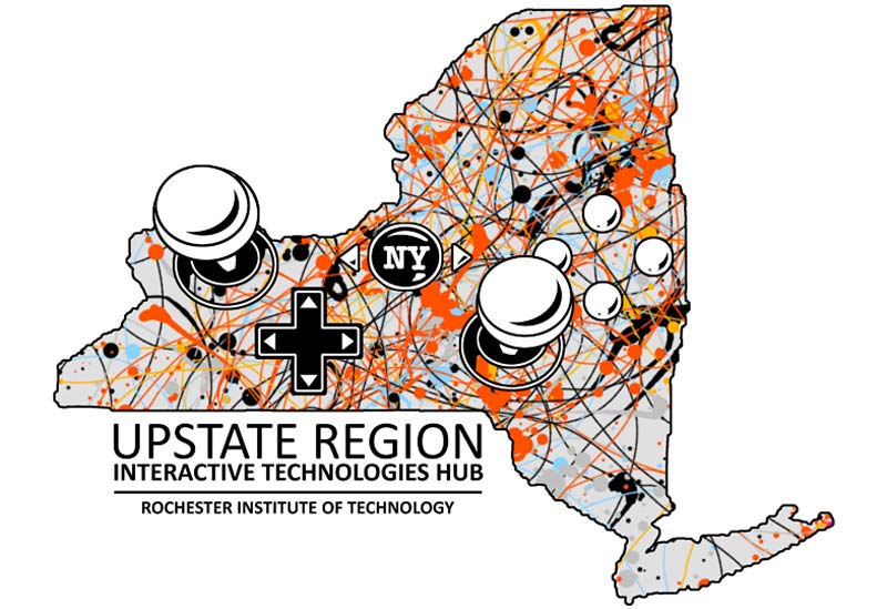 Graphic of NYS with a controller overlay with a joystick in Rochester, NY