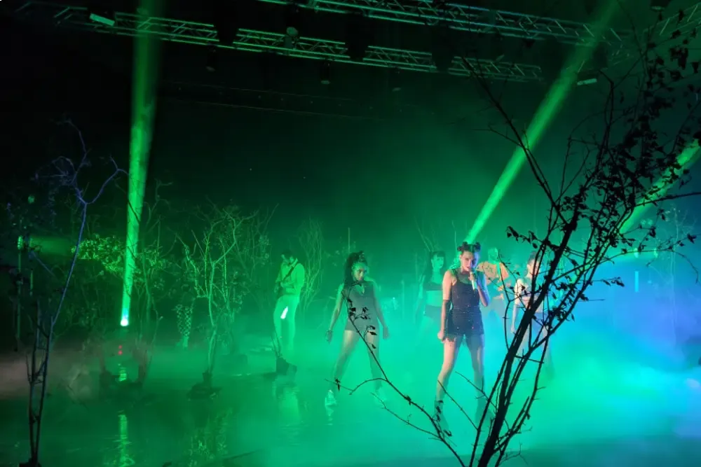 sound stage with dark lighting, green strobe lights and fog