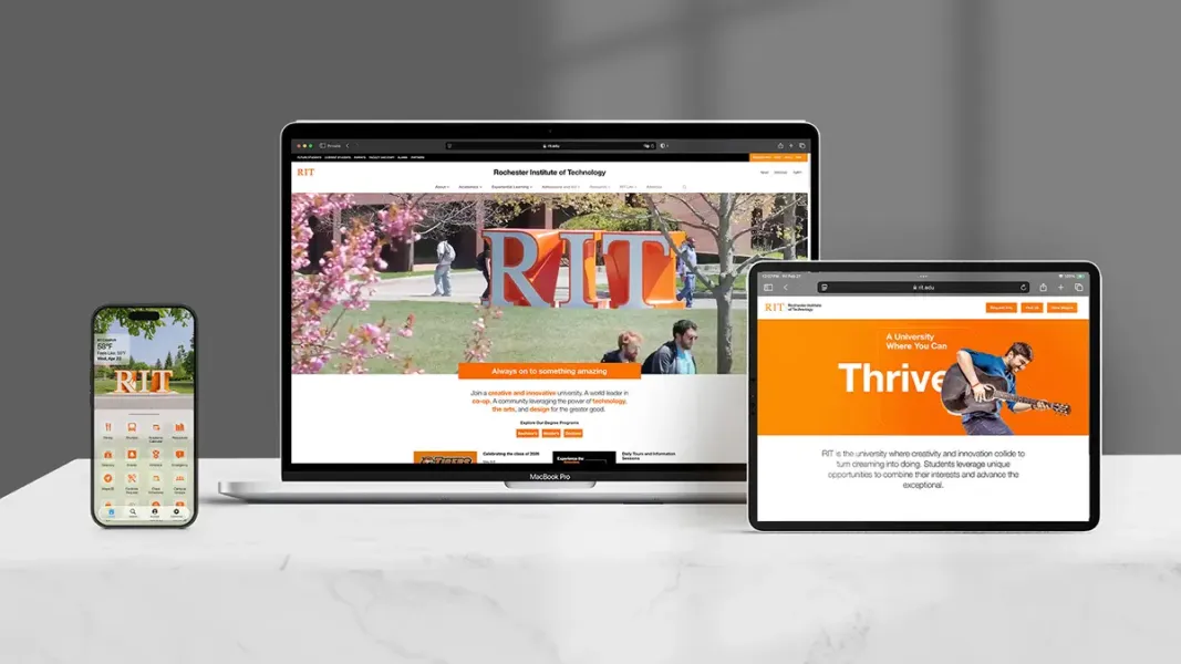 a mobile phone showing the R I T mobile app, a laptop showing the RIT home page, and tablet showing the the Thrive campaign page.