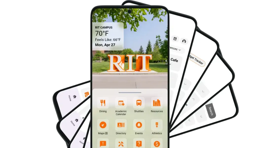 A stack of five phones, arranged in a twisting pattern, showing different screens of the new RIT Mobile App.