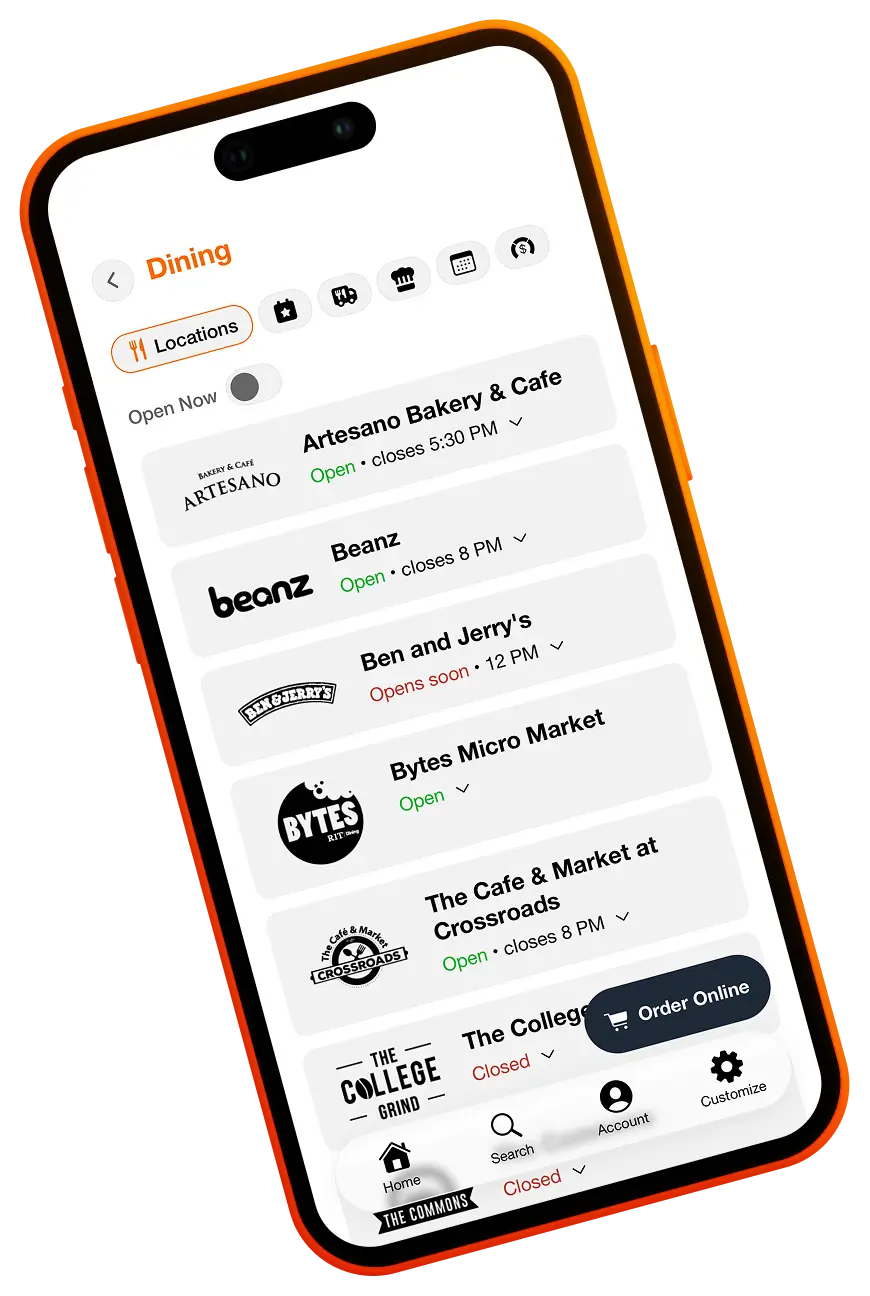 A phone displaying dining information available via the new R I T mobile app.
