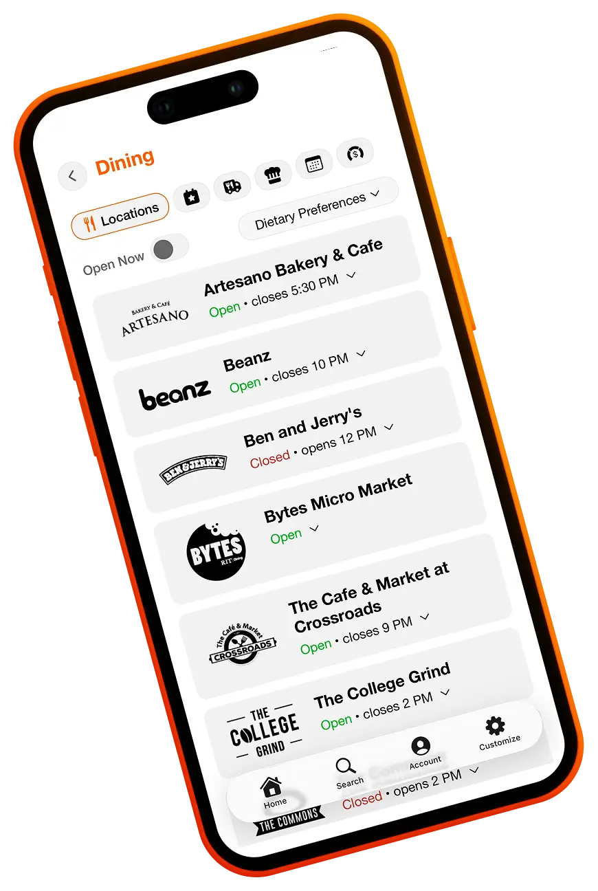 A phone displaying dining information available via the new R I T mobile app.