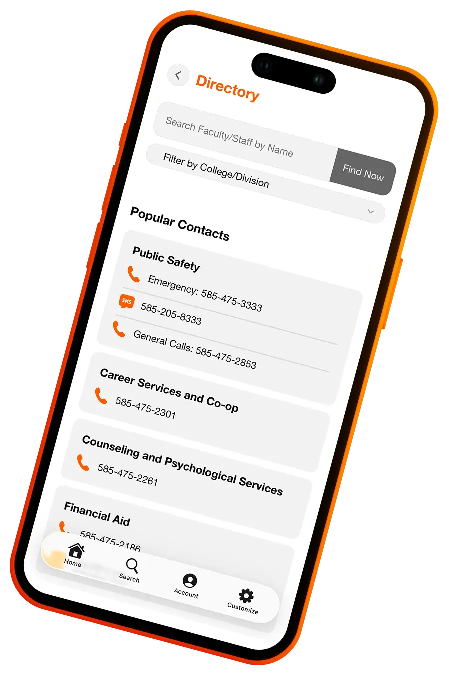A phone displaying directory information available via the new R I T mobile app.