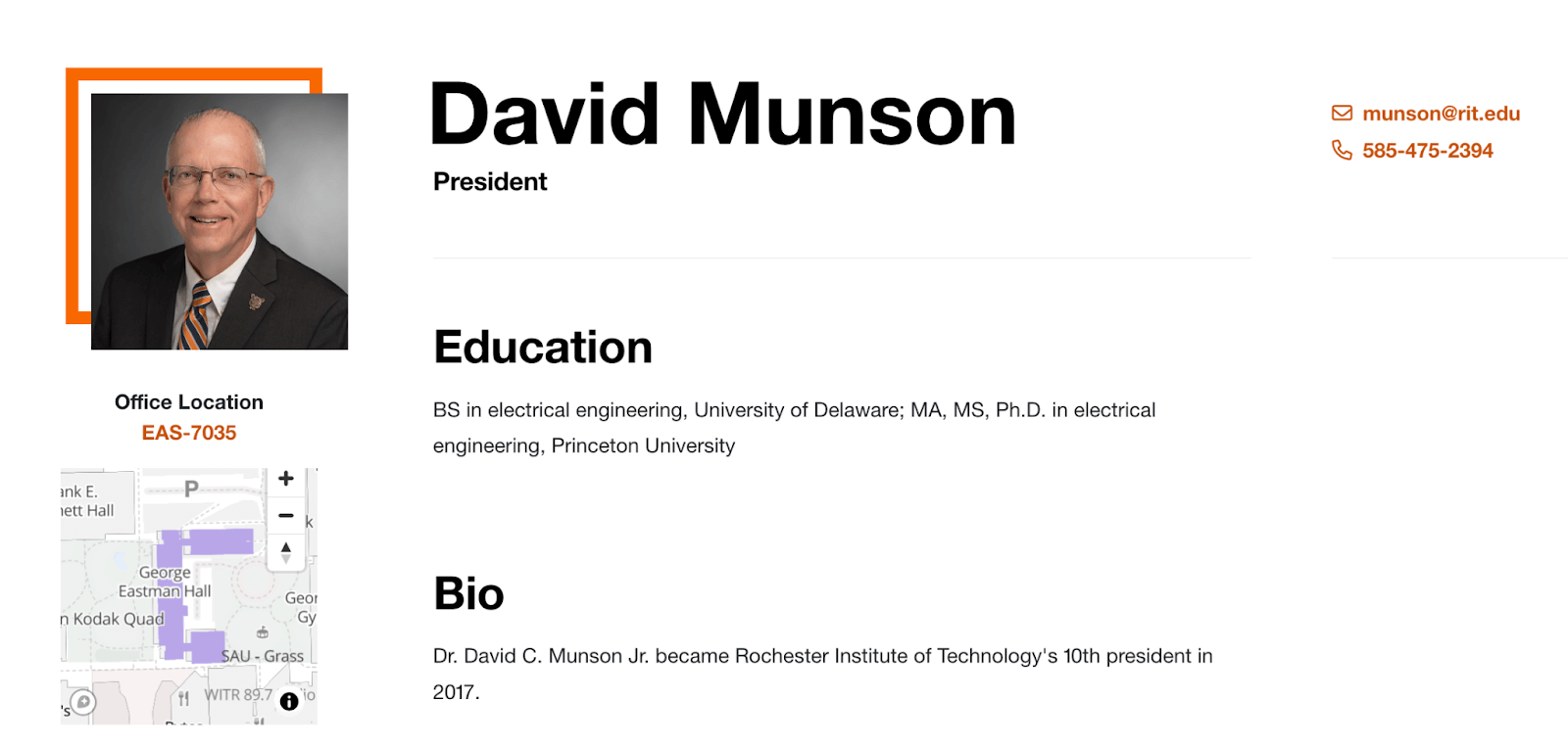 A screenshot of President David Munson's R I T directory page.