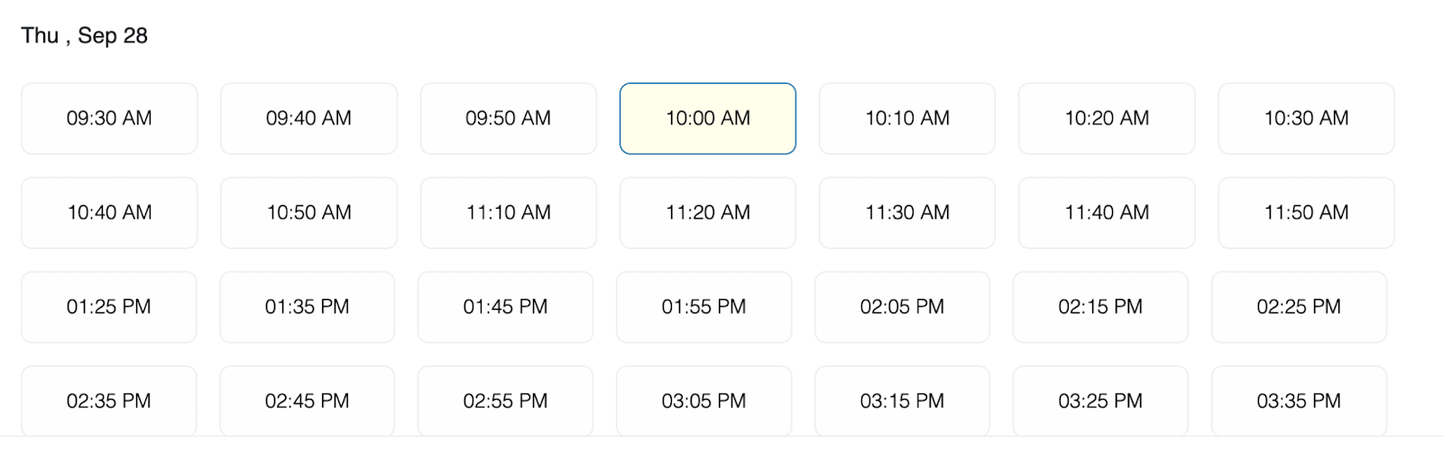 A time slot menu showing options every 10 minutes from 9:30am to 11:50am and 1:25pm to 3:35pm.
