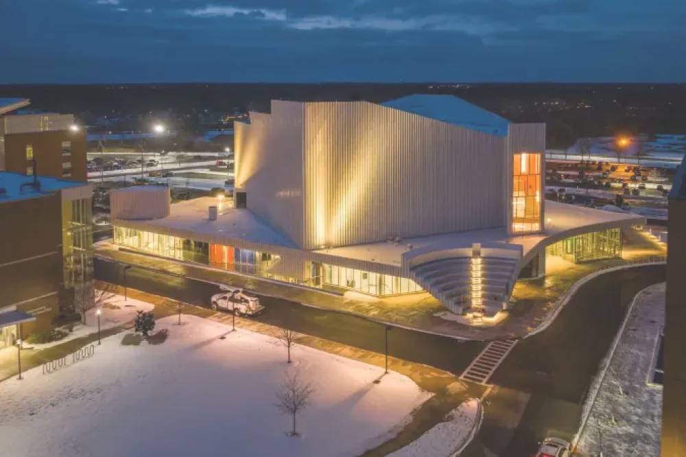 Arial shot of the music performing arts theater at night