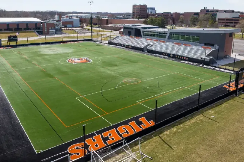 Arial shot of the turf soccer field from one of the corners