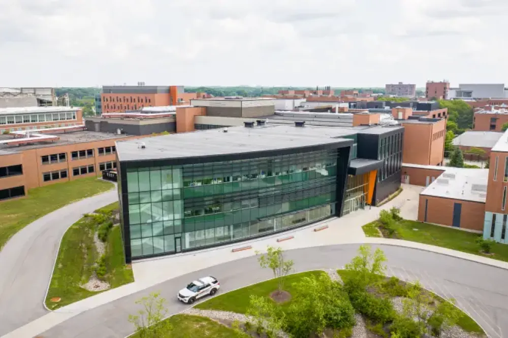 arial shot of a glass building