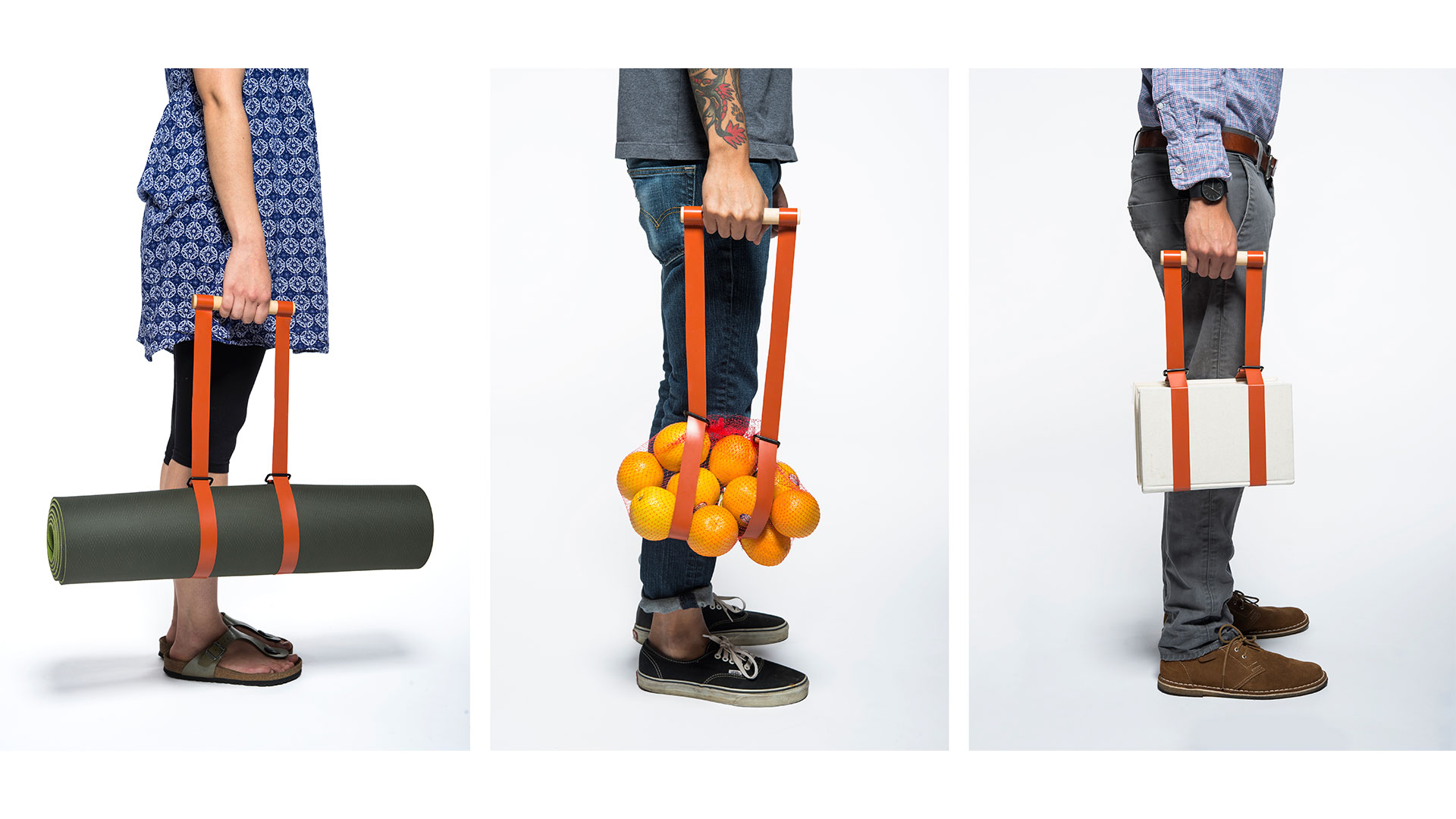 Three picture side by side of students facing to the right, each holding a wooden bar with orange bands that extend down to wrap around various items for easy transportation, a yoga mat, a bulk bag of oranges, and some large books in that order