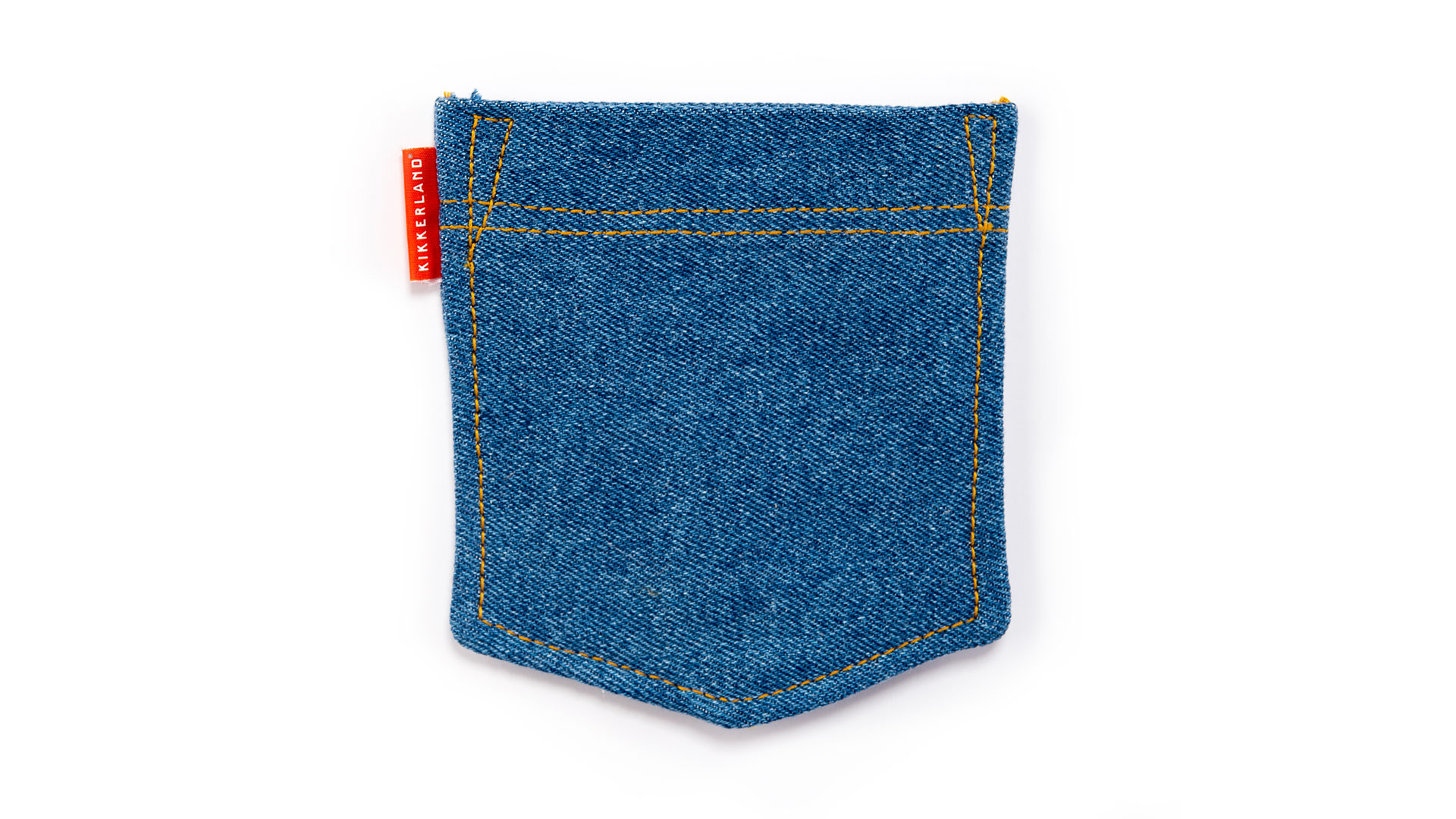 Blue denim pocket that comes to point at base with small red tag at top of left side