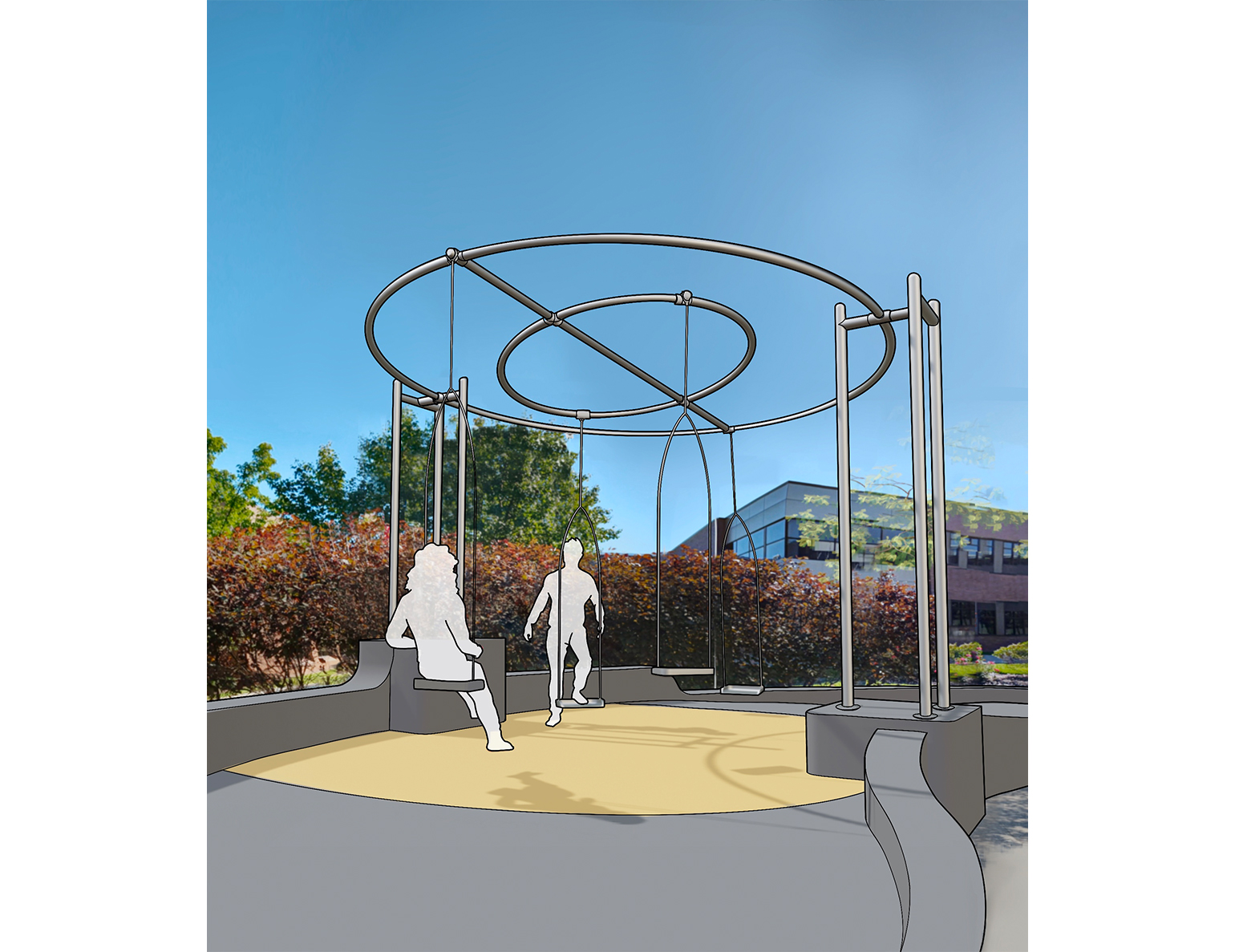 A digital sketch of a playground with swings and human outlines.