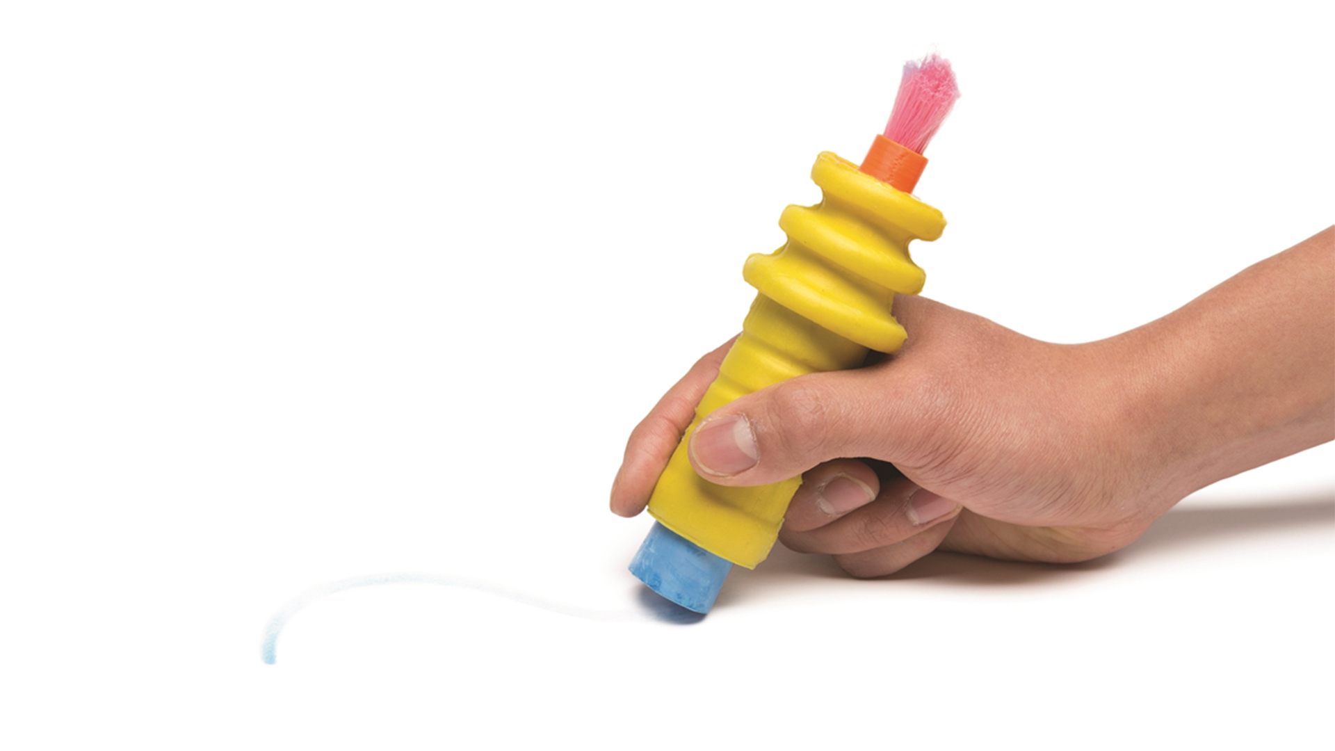 Someone drawing a blue chalk line with yellow holder