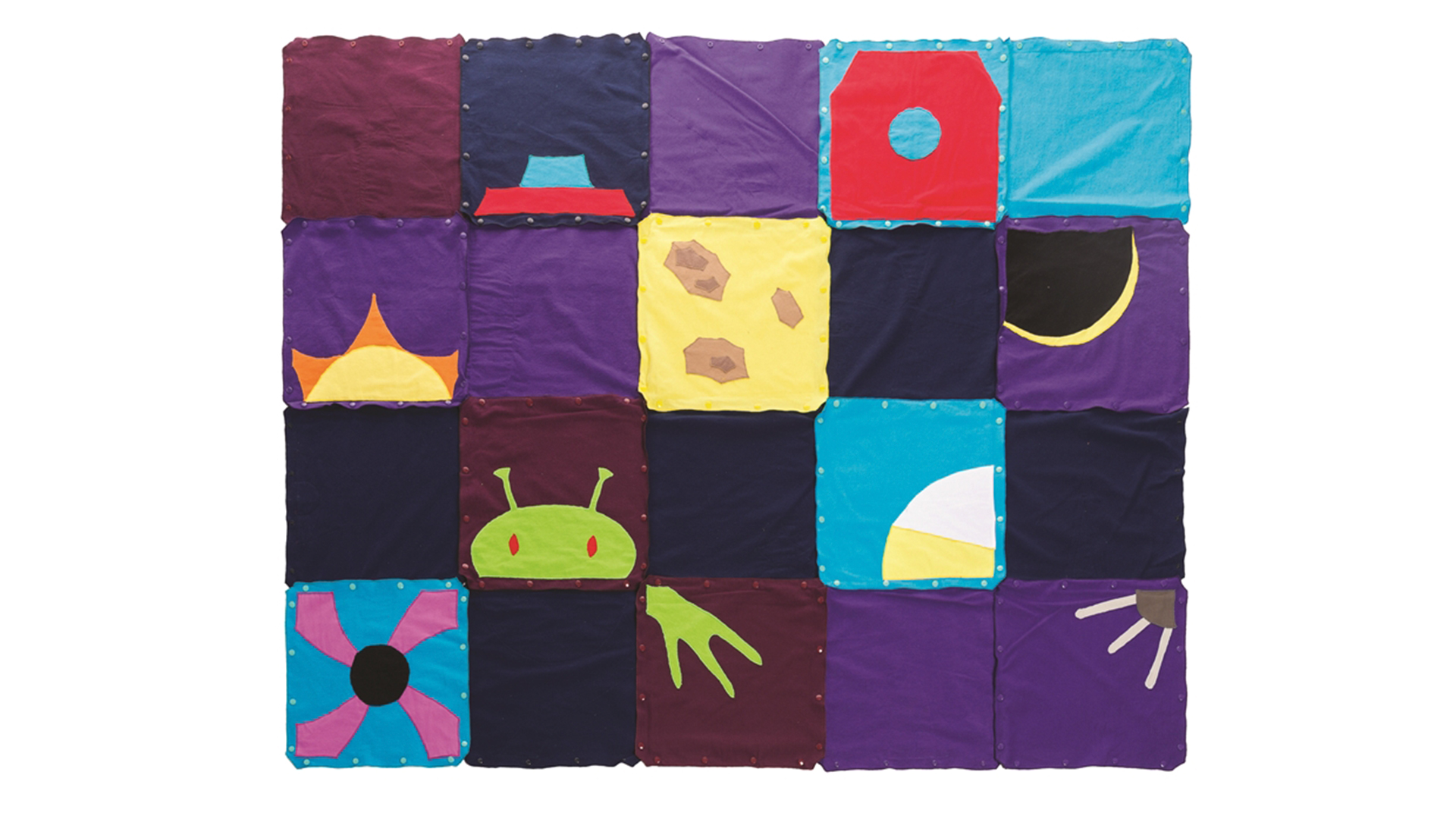 Colorful quilt patches connected into blanket of 4 by 5 dimensions laying flat