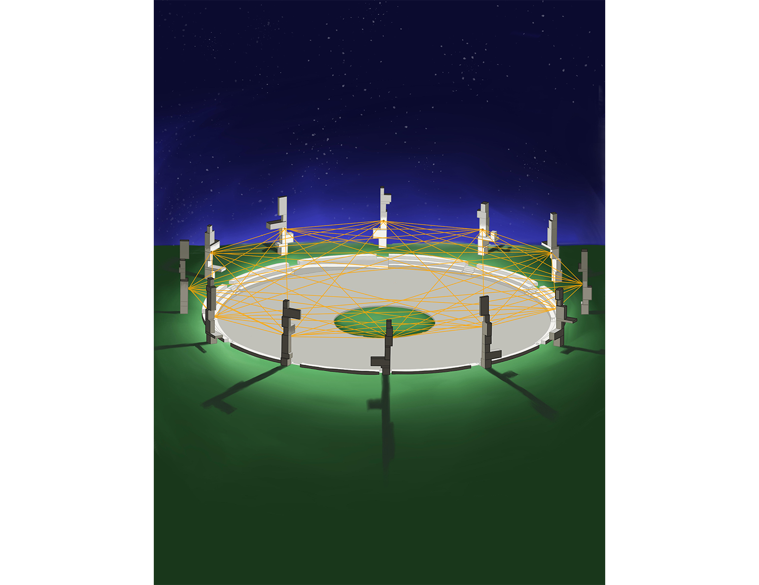An illustration of a circular outdoor structure with interconnected nets and poles under a starry night sky.