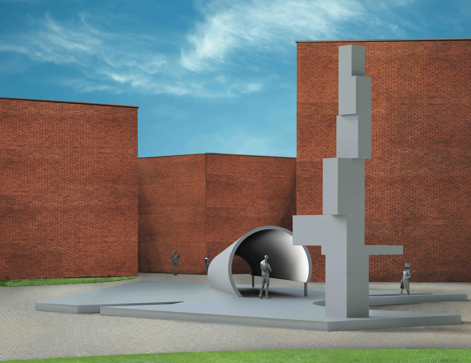 An outdoor space with a geometric sculpture, a cylindrical pavilion, and figures against a backdrop of brick walls and blue sky.
