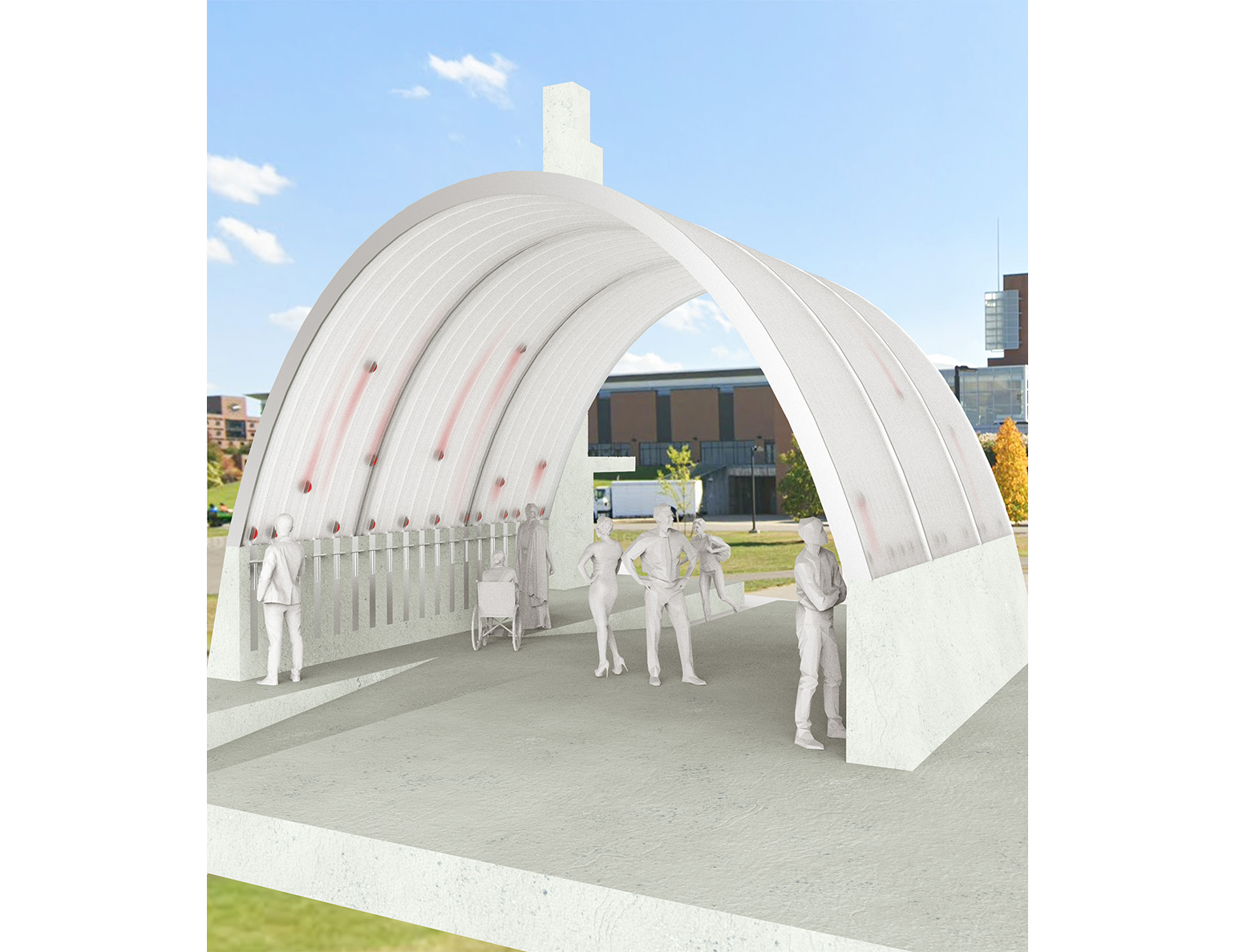 A digital illustration of an arched structure with human figures in an urban park setting.