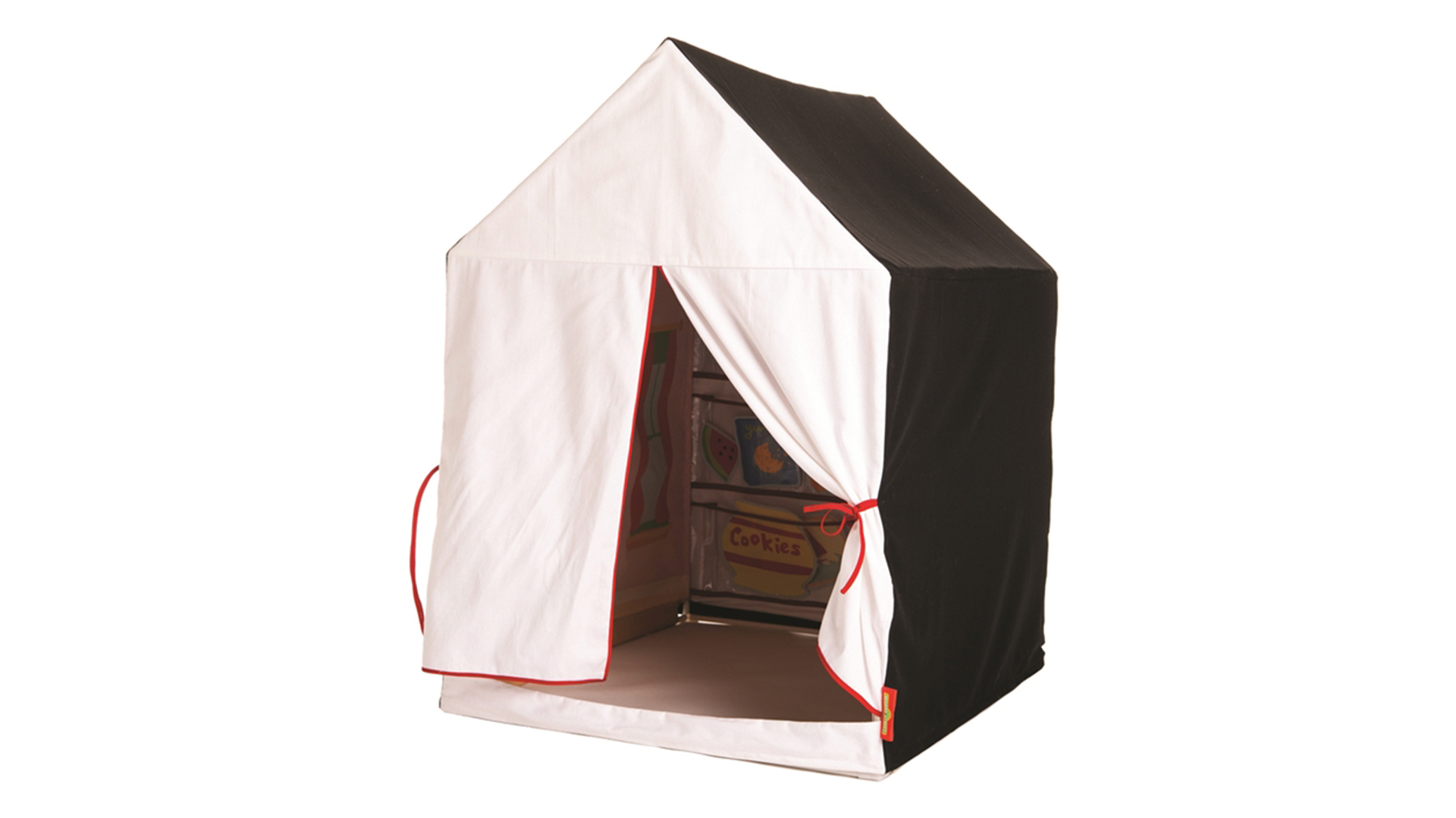 Fabric play set tent with opening tied open