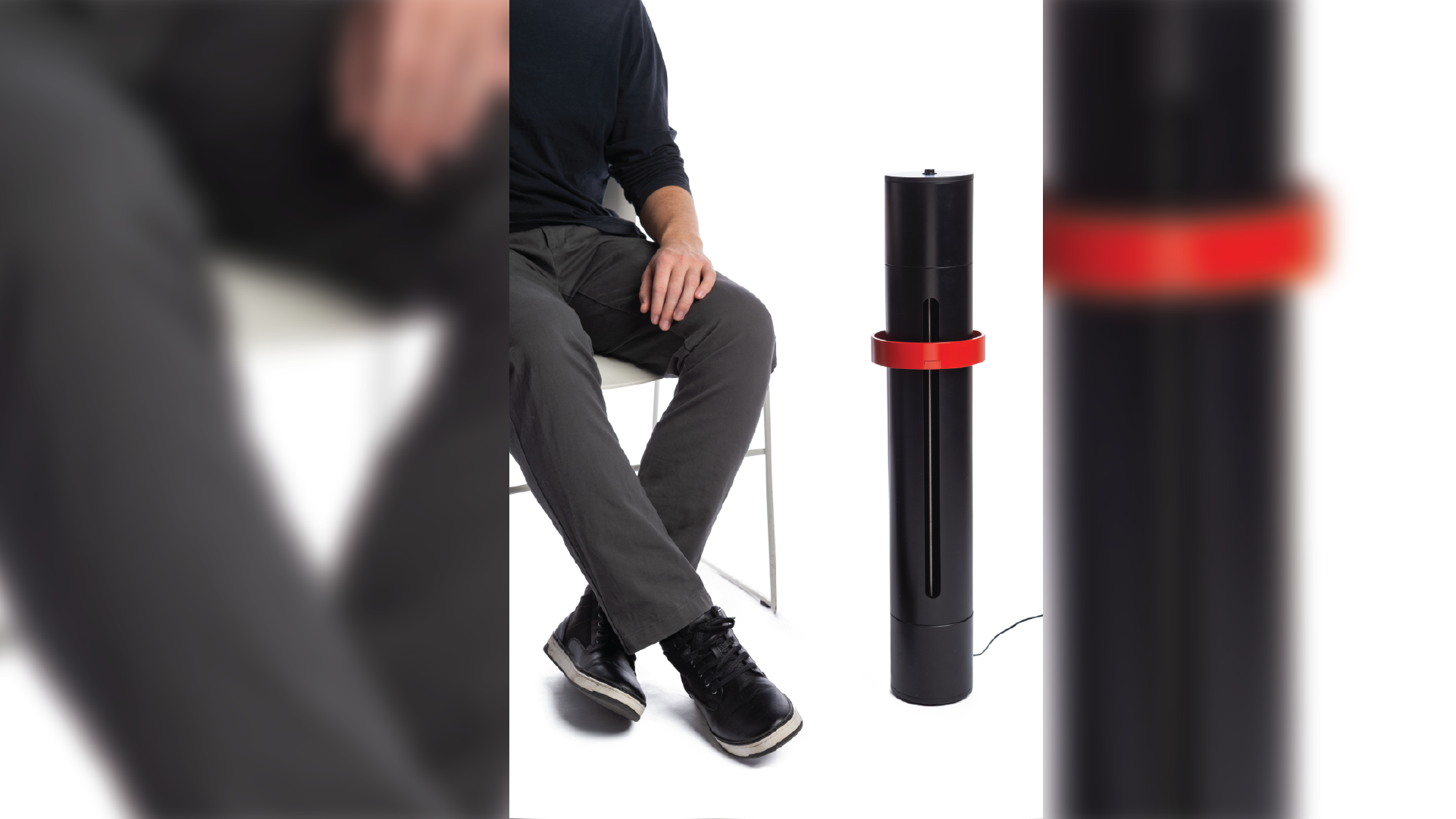 Person sit right by the clock in a black cylindrical shape with a red ring on it.