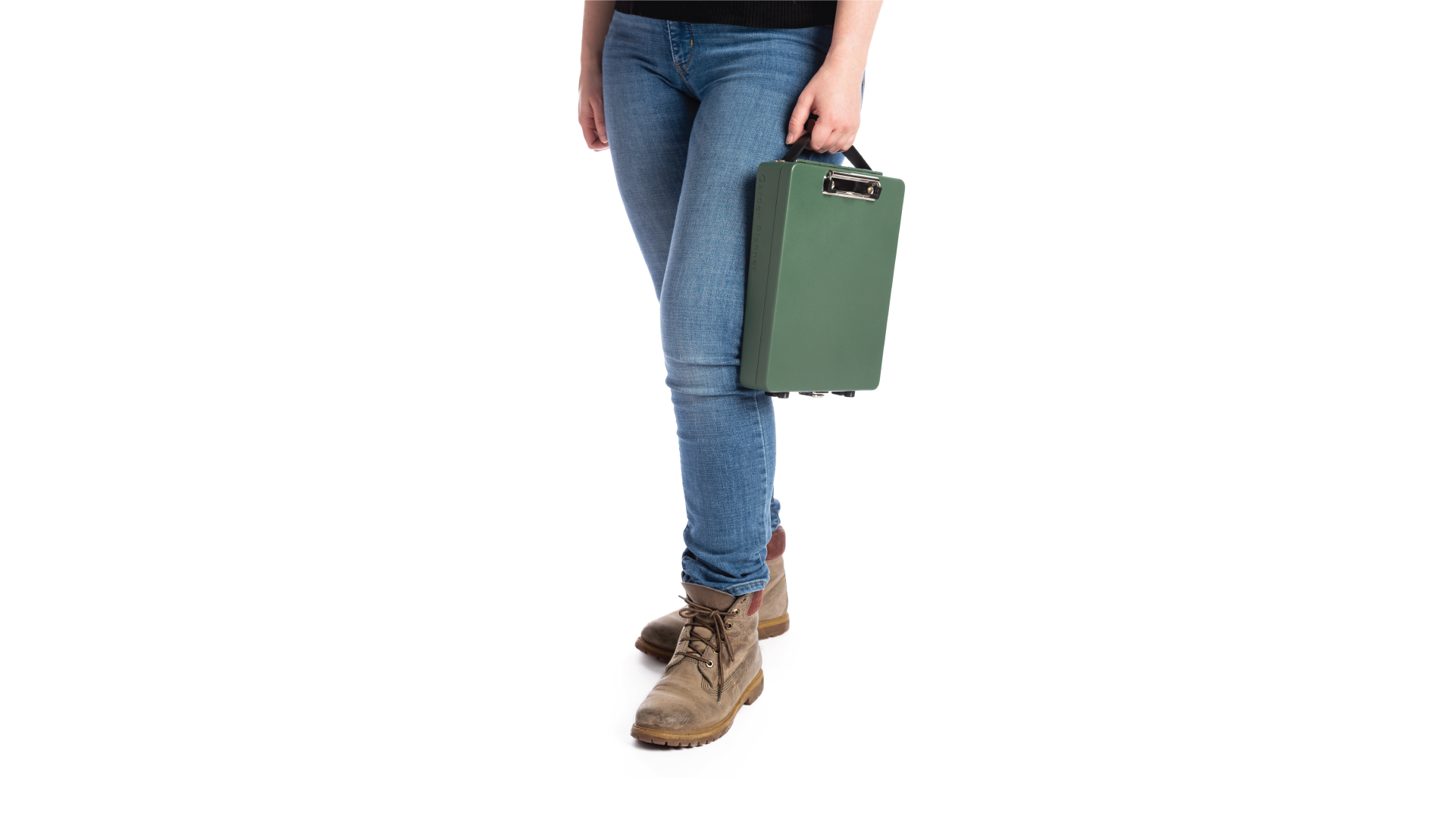 Person holding the green box with their hands.