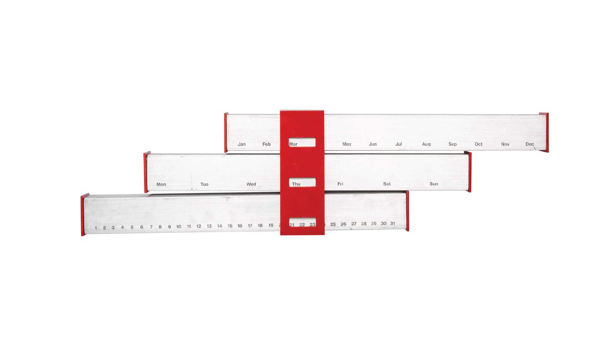 Calendar made with 3 aluminium tubes where each of them has marks on month, day of the week and day. The three tubes are arranged together by a red plastic support on the middle that allows the tubes to slide horizontally. The red support is fixed on the wall and it has windows to isolate the day of the calendar.