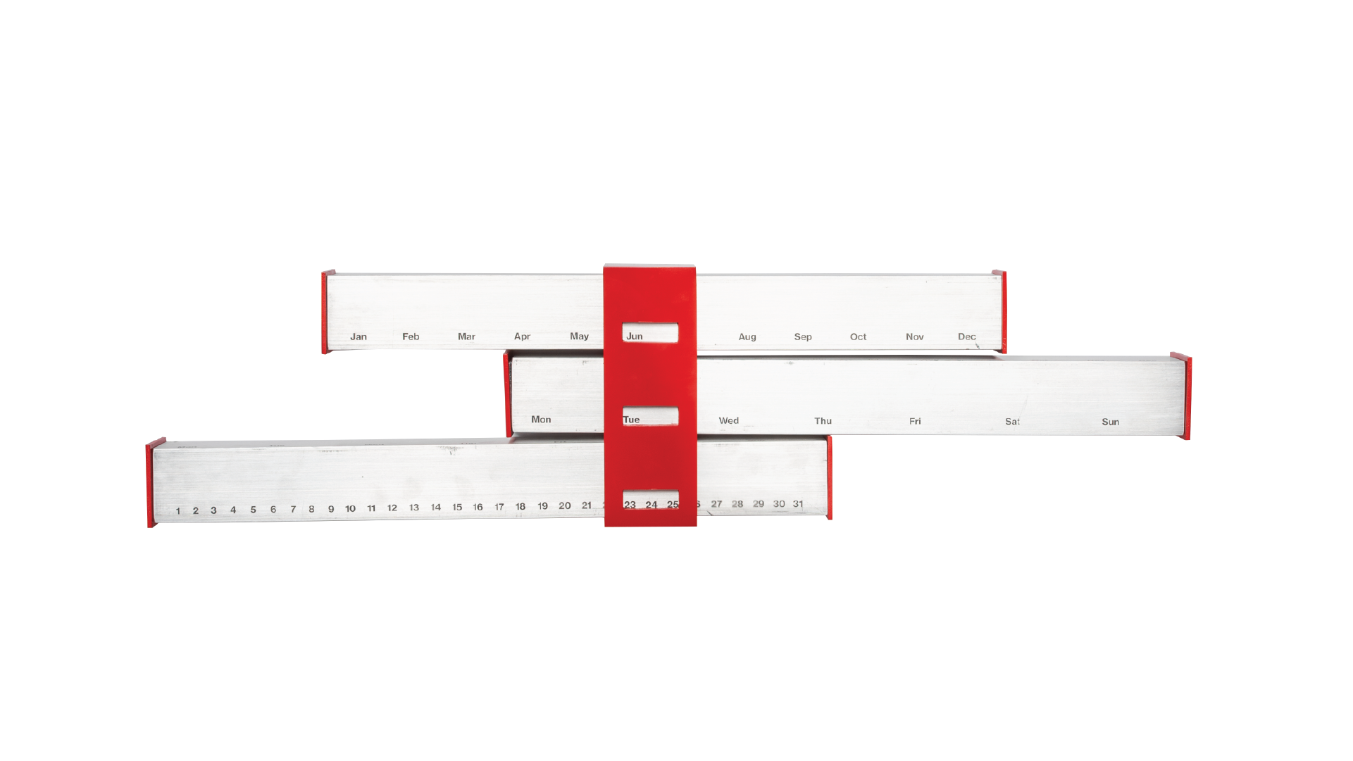 Calendar made with 3 aluminium tubes where each of them has marks on month, day of the week and day. The three tubes are arranged together by a red plastic support on the middle that allows the tubes to slide horizontally. The red support is fixed on the wall and it has windows to isolate the day of the calendar.