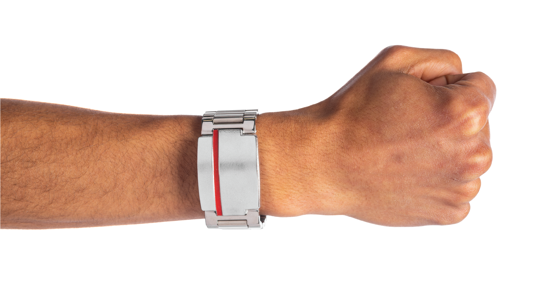 Hand wearing a faceless wristwatch with a red line detail.