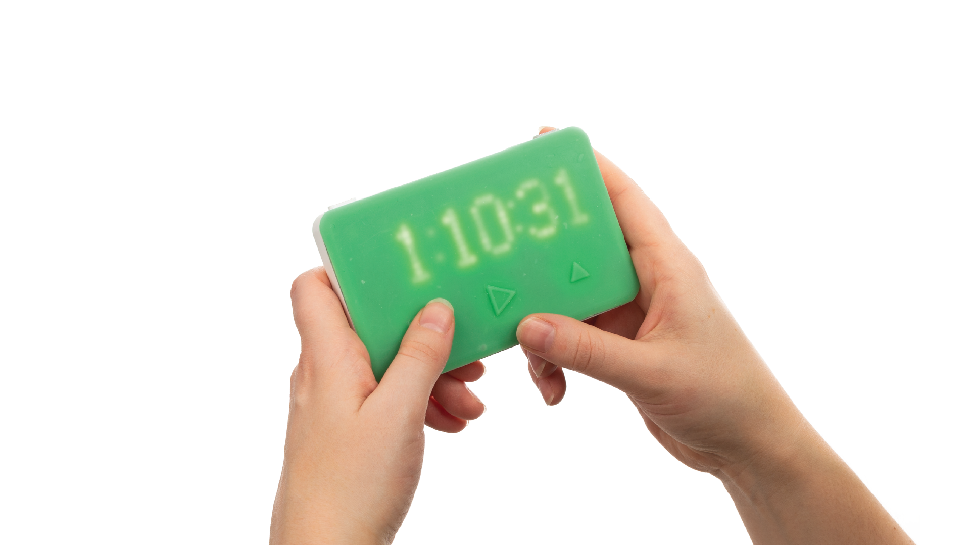 Hands holding the green timer.