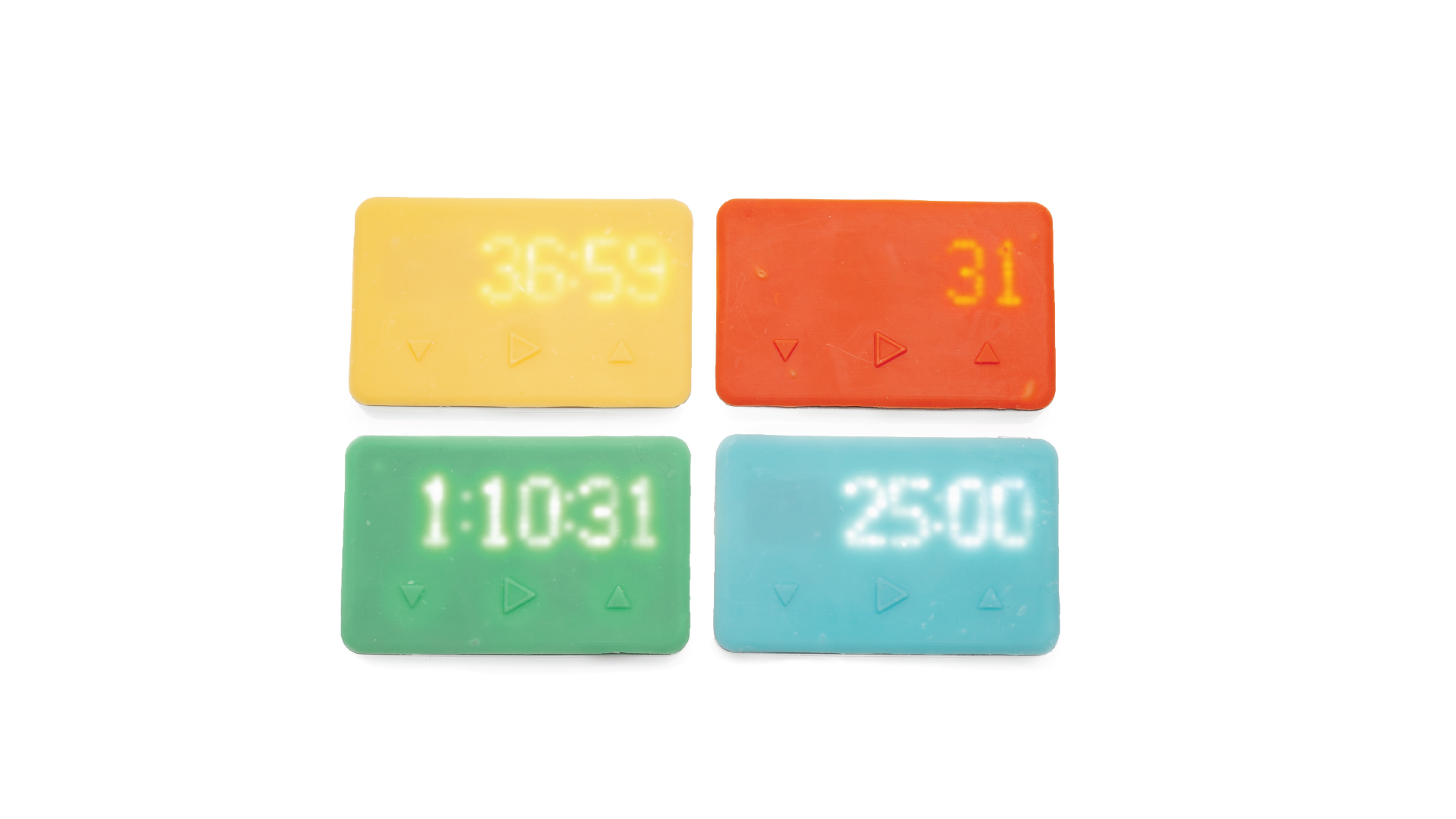 Set of 4 timers arranged on the yellow, red, green and blue colors.