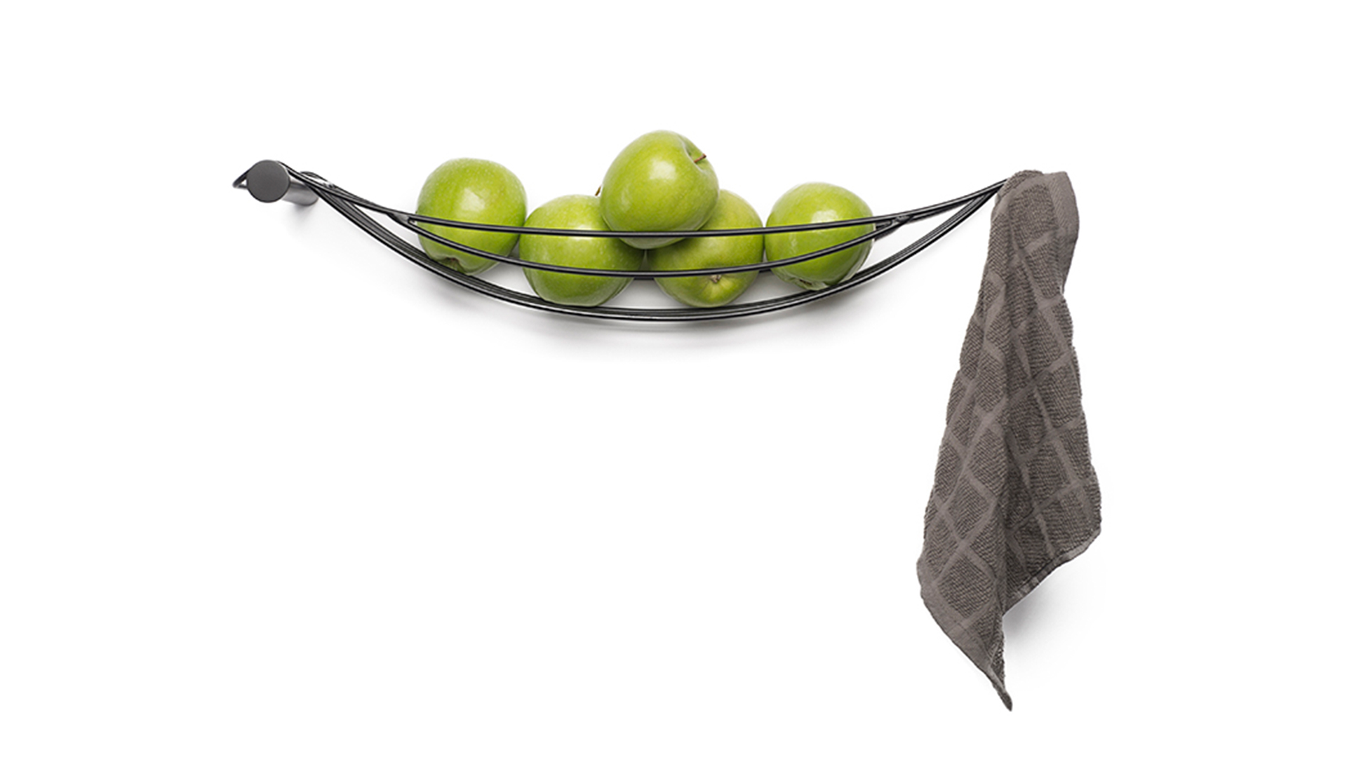 Fruit bowl hanging with a cloth hanging from one shorter side