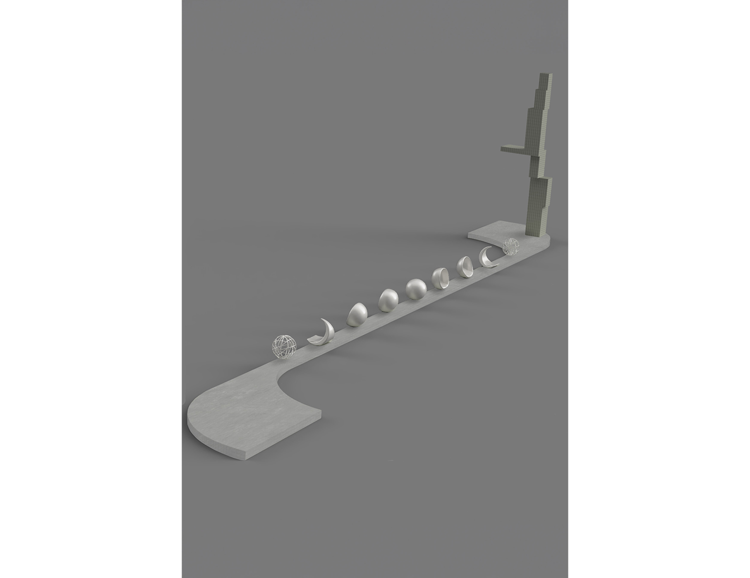 A 3D model of a linear sequence of spheres increasing in size, with a wireframe sphere and crescent at the start, against a gray background.