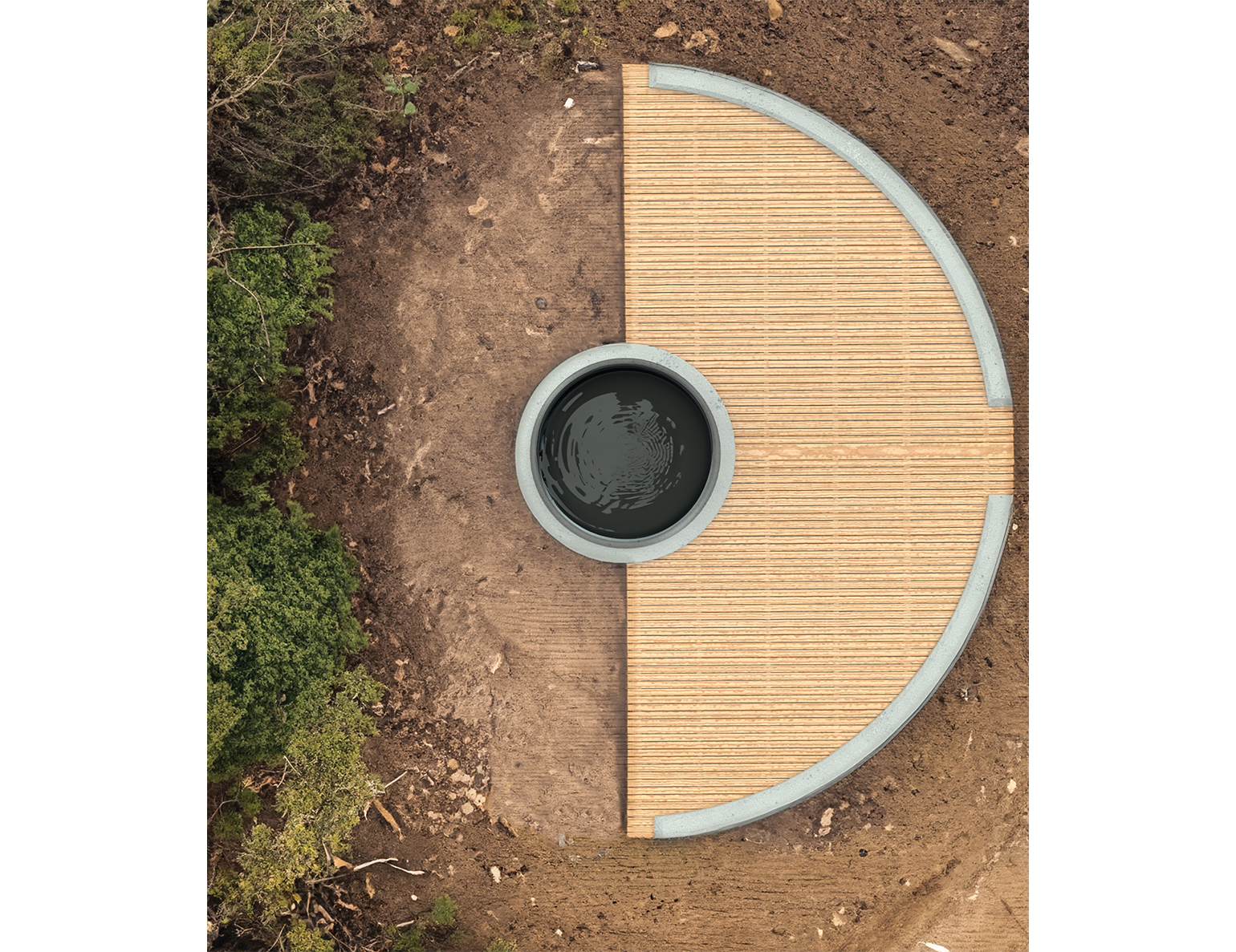 An aerial view of a circular water feature with a wooden deck on a semicircular border, surrounded by natural terrain.