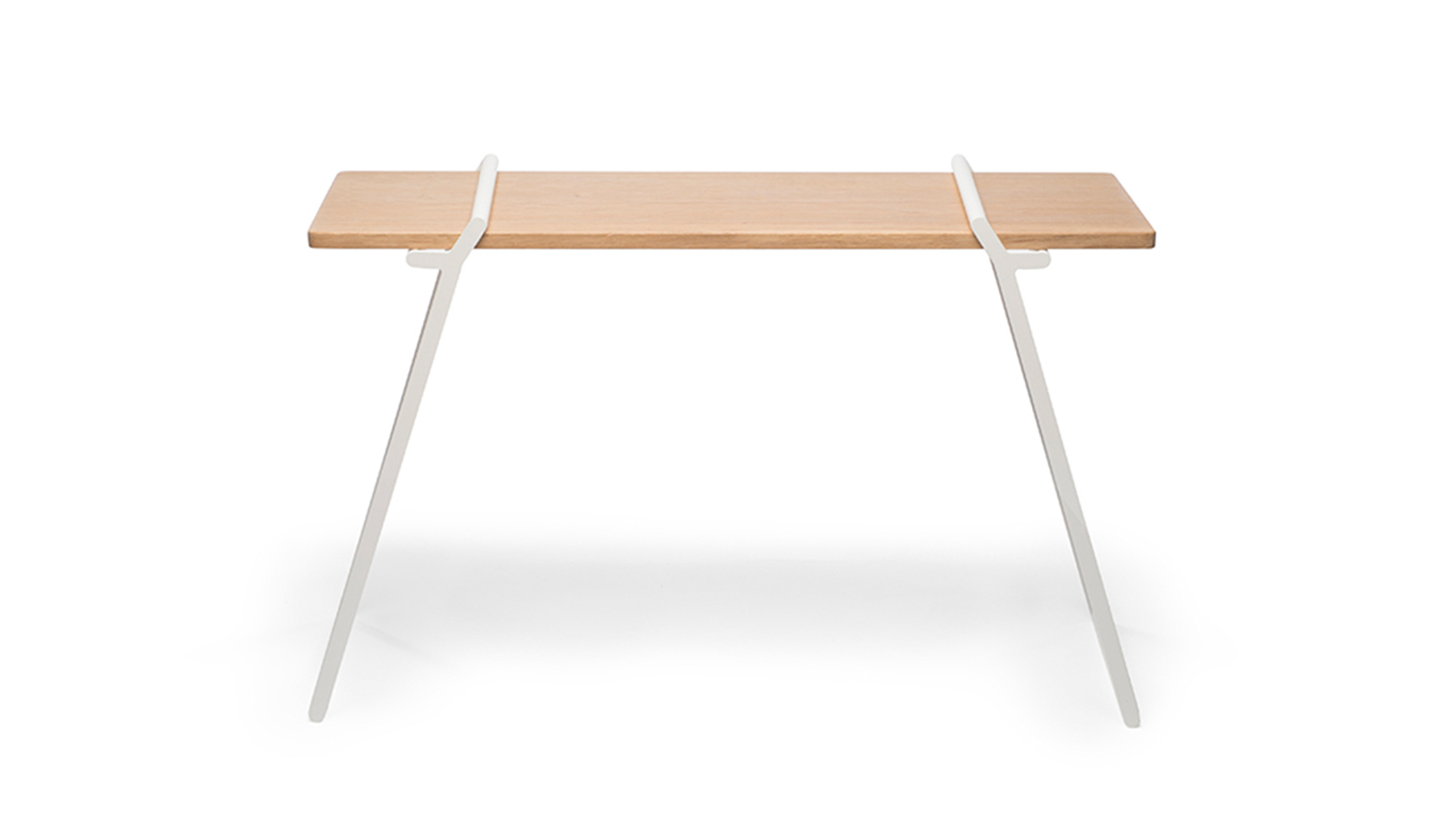 Flat wood table with rectangular legs at either end