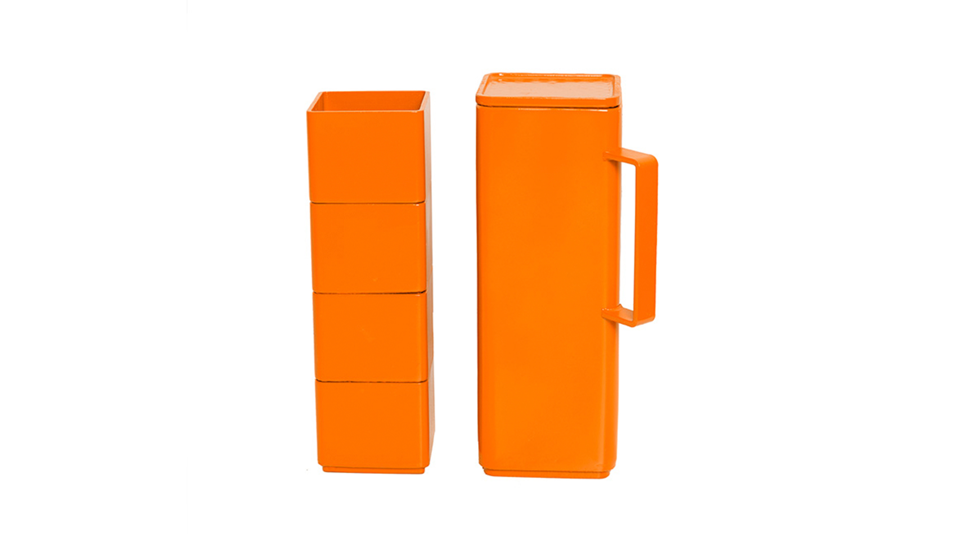 Tall square carafe with four stacked square nesting cups