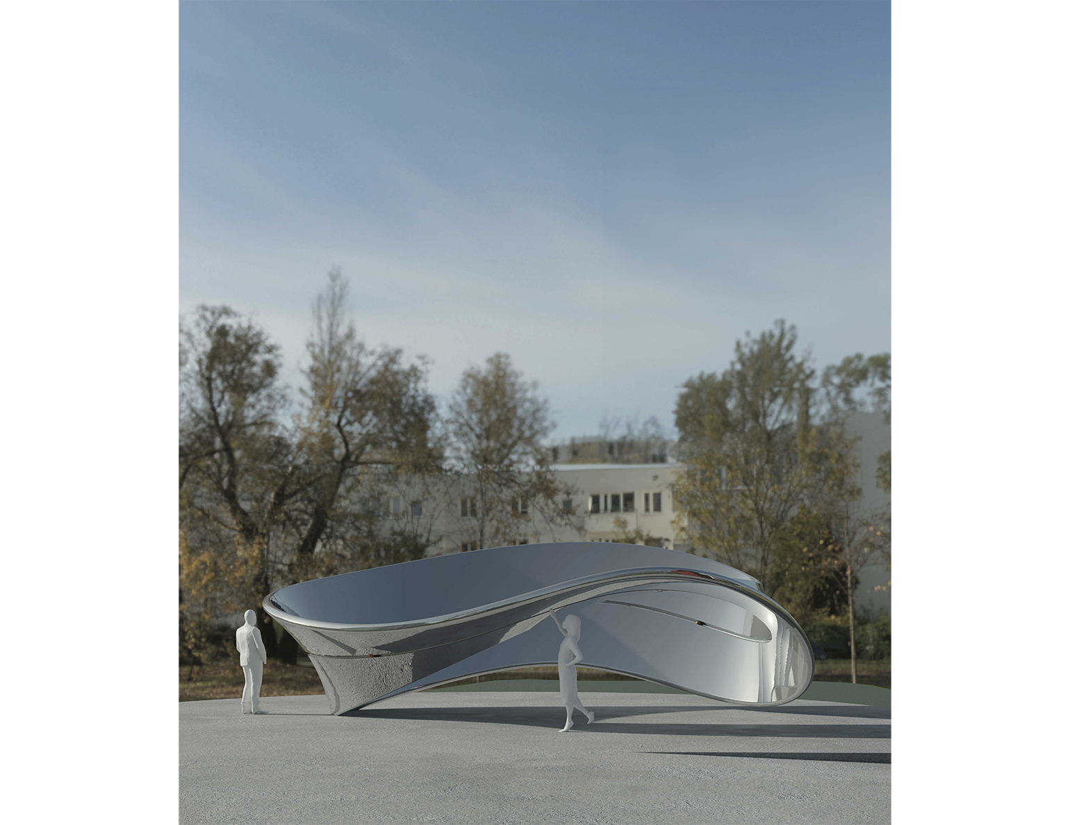 A futuristic structure with a curved design and two figures standing nearby in an outdoor setting.