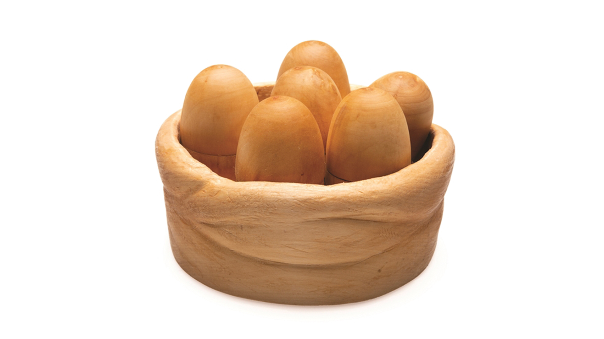 Six wooden eggs sitting vertically in round wooden nest