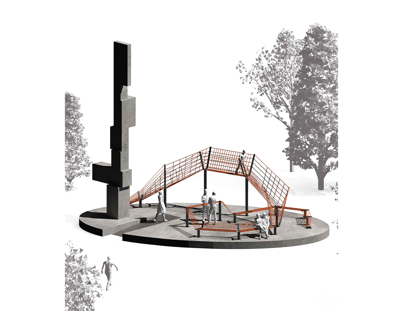 A conceptual design of a playground with a geometric structure and figures interacting with the equipment, set against a backdrop of trees.