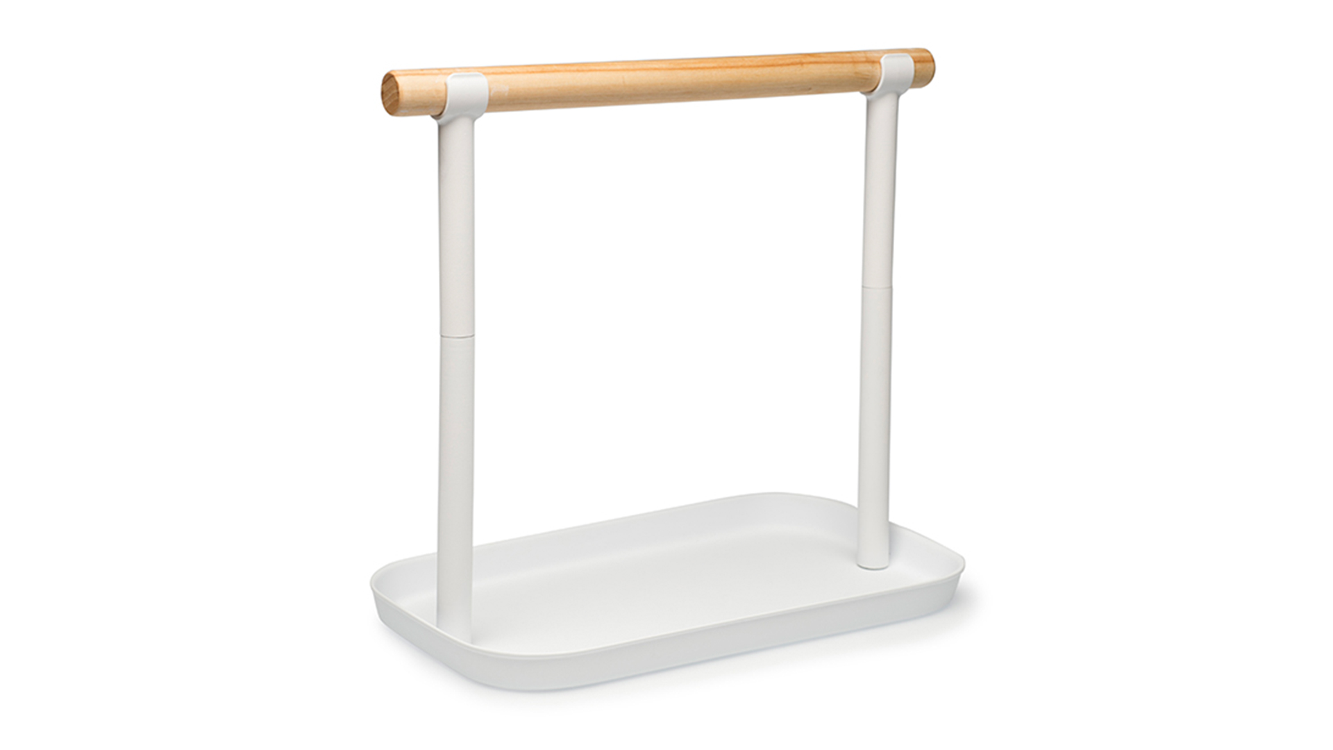 White tray with lip with two poles standing on either end connected on top by wooden cross bar