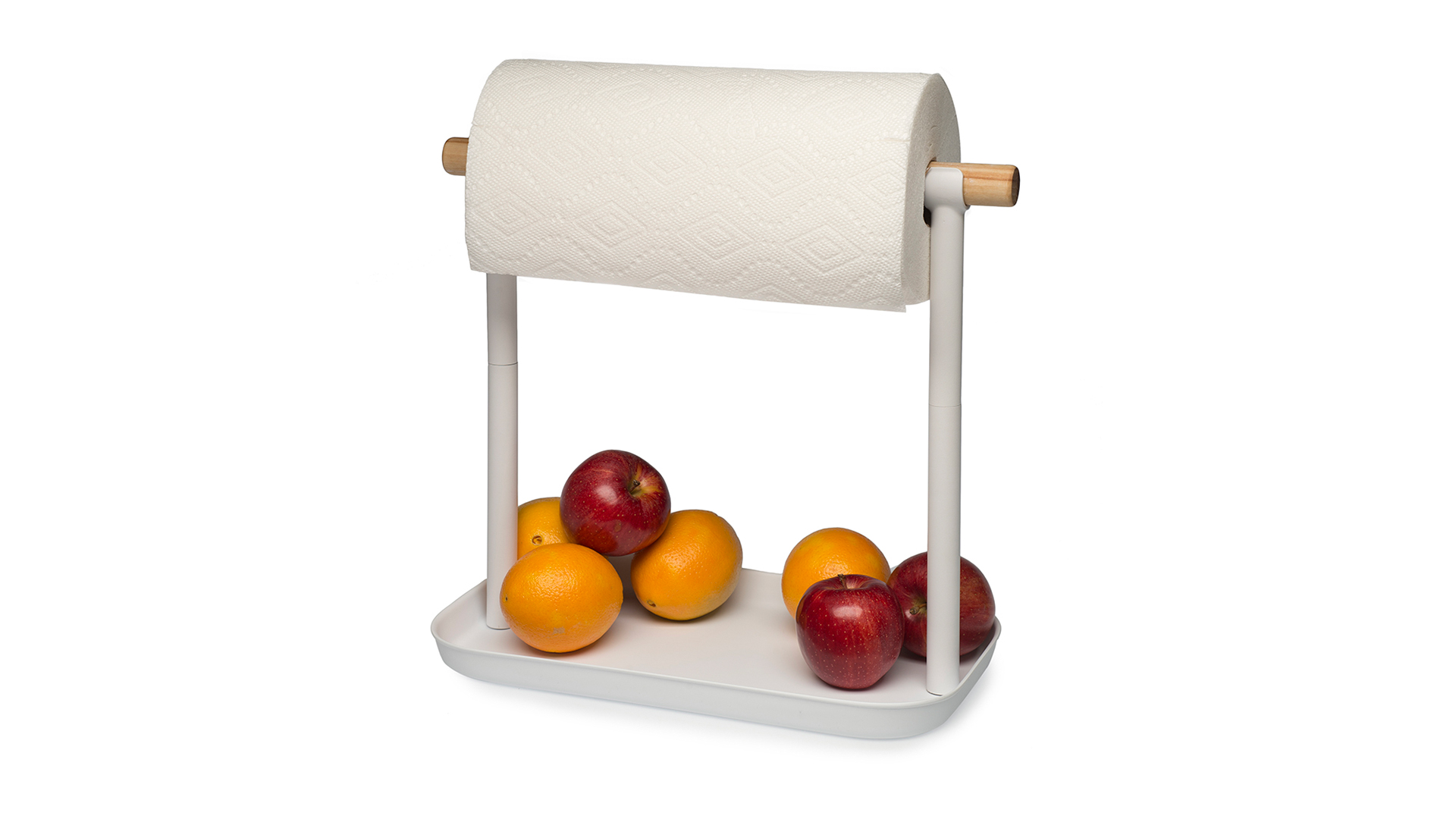 Paper towel roll put on wooden top cross pole with assorted fruit sitting inside bottom tray