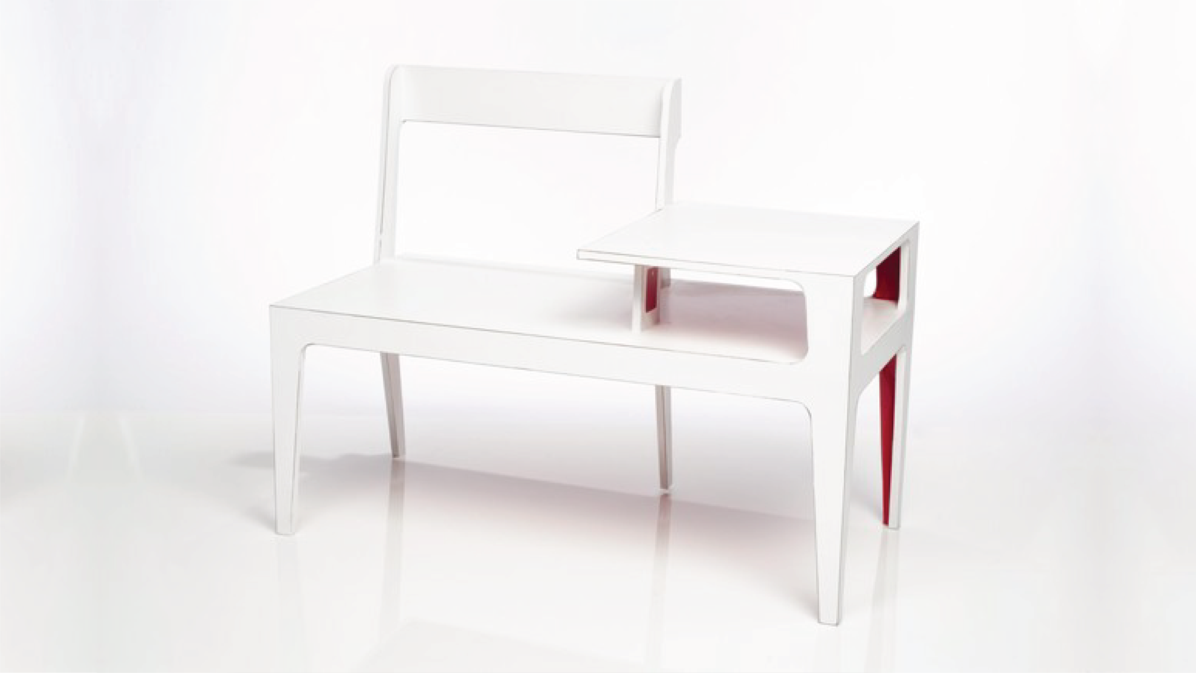 Two chairs organized into a bench with an occasional table.