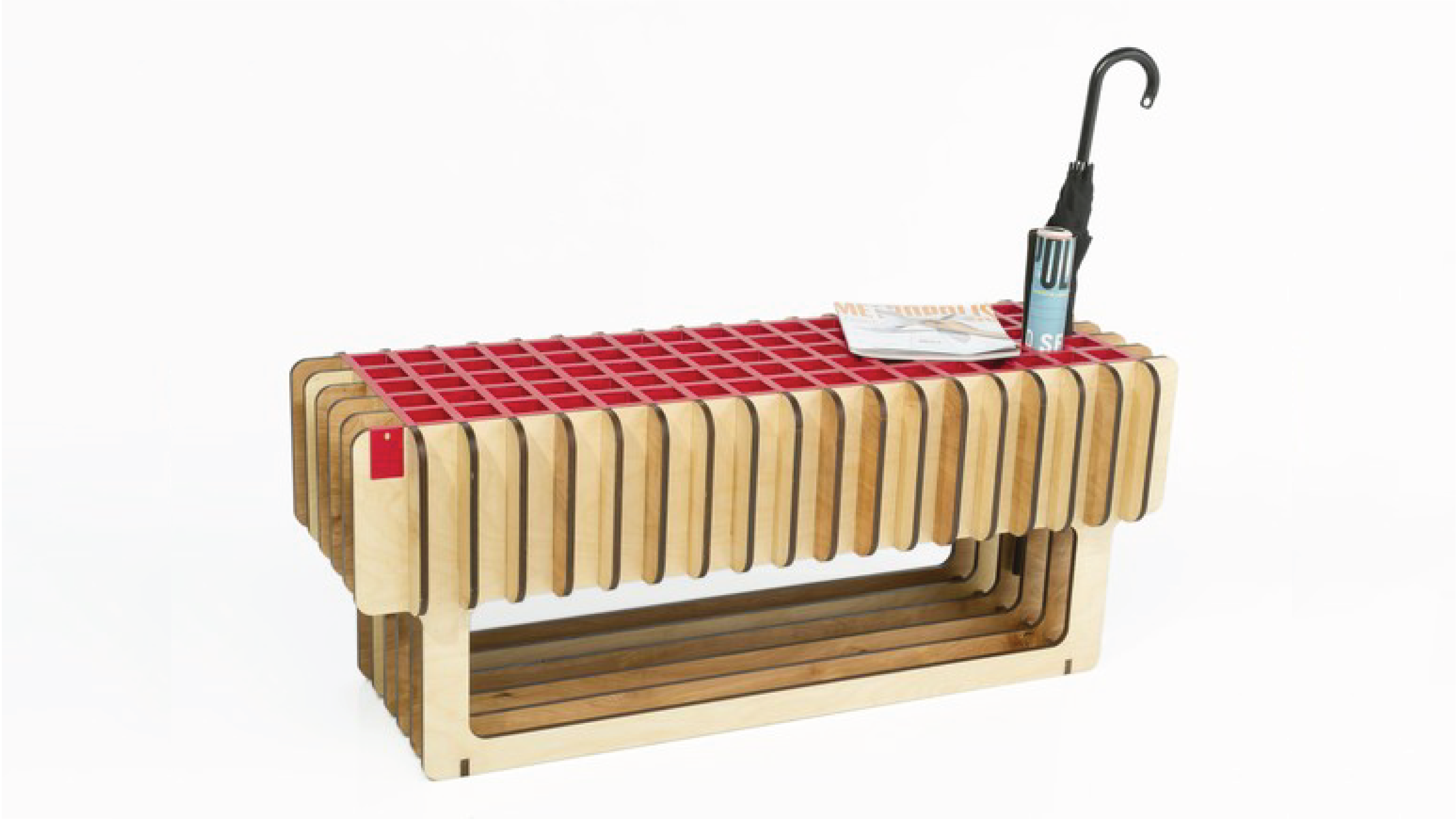 Bench with slots for holding objects.