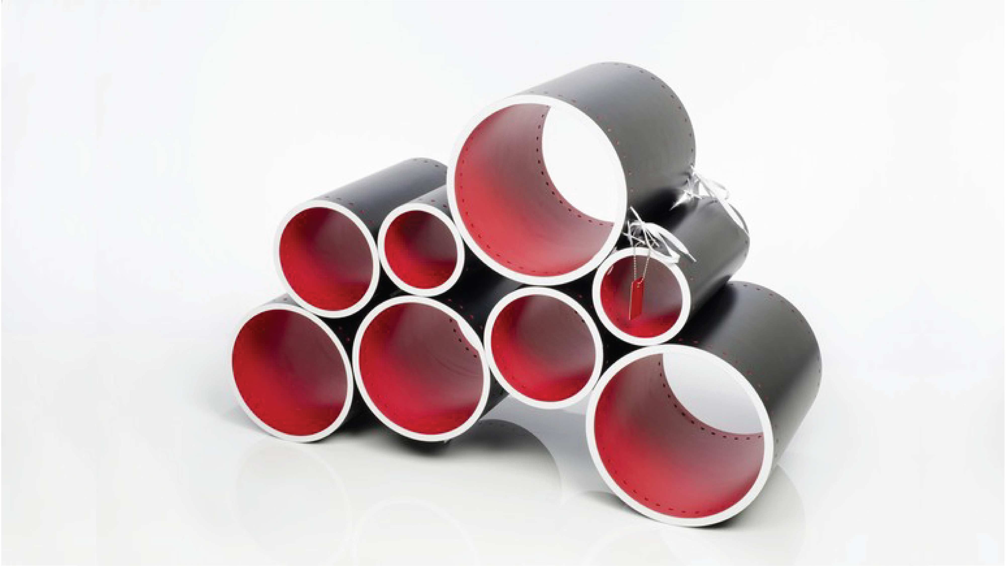 Multi-level bench with cylindrical shapes.