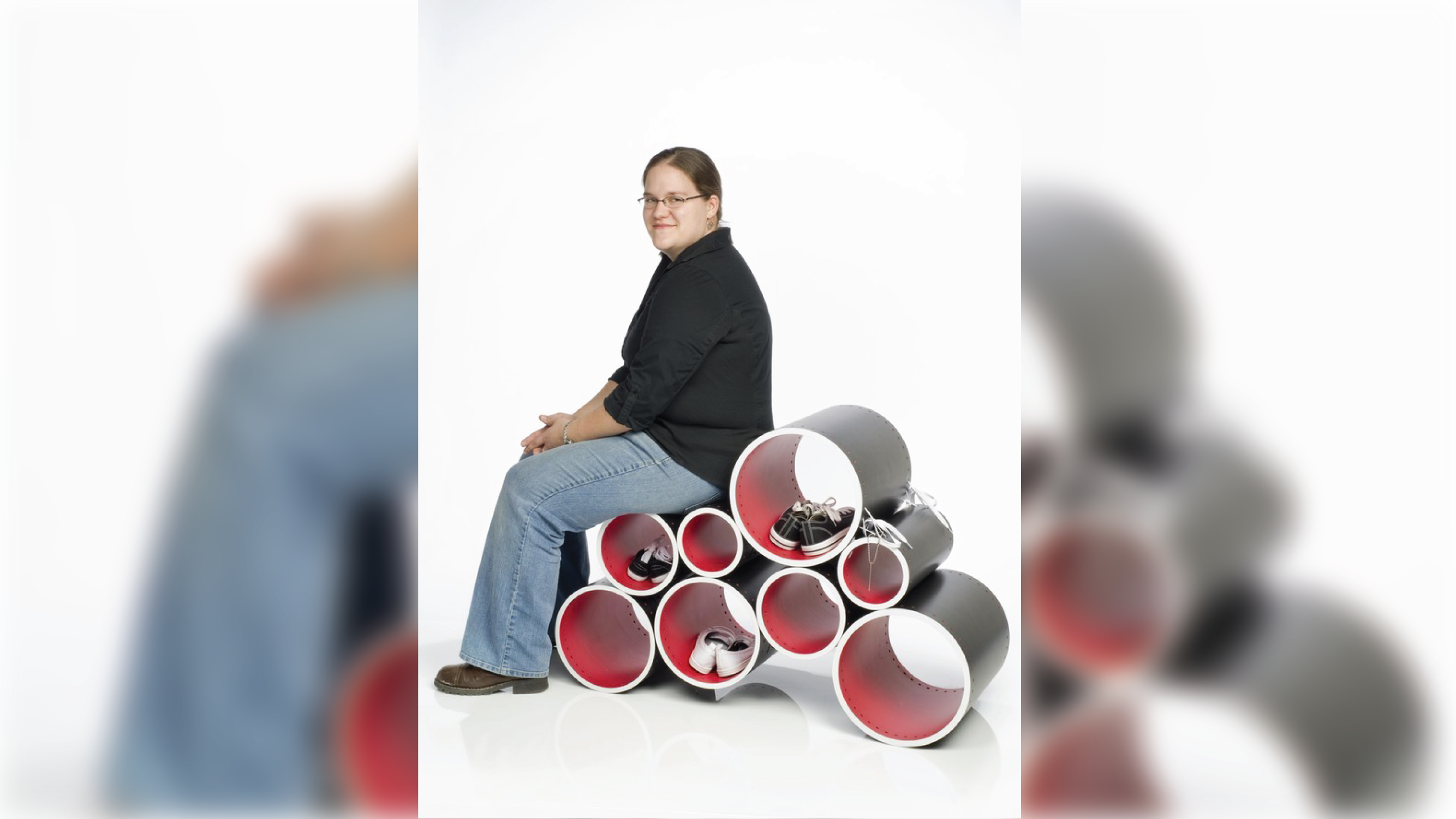 Student sitting at the multi-level bench.