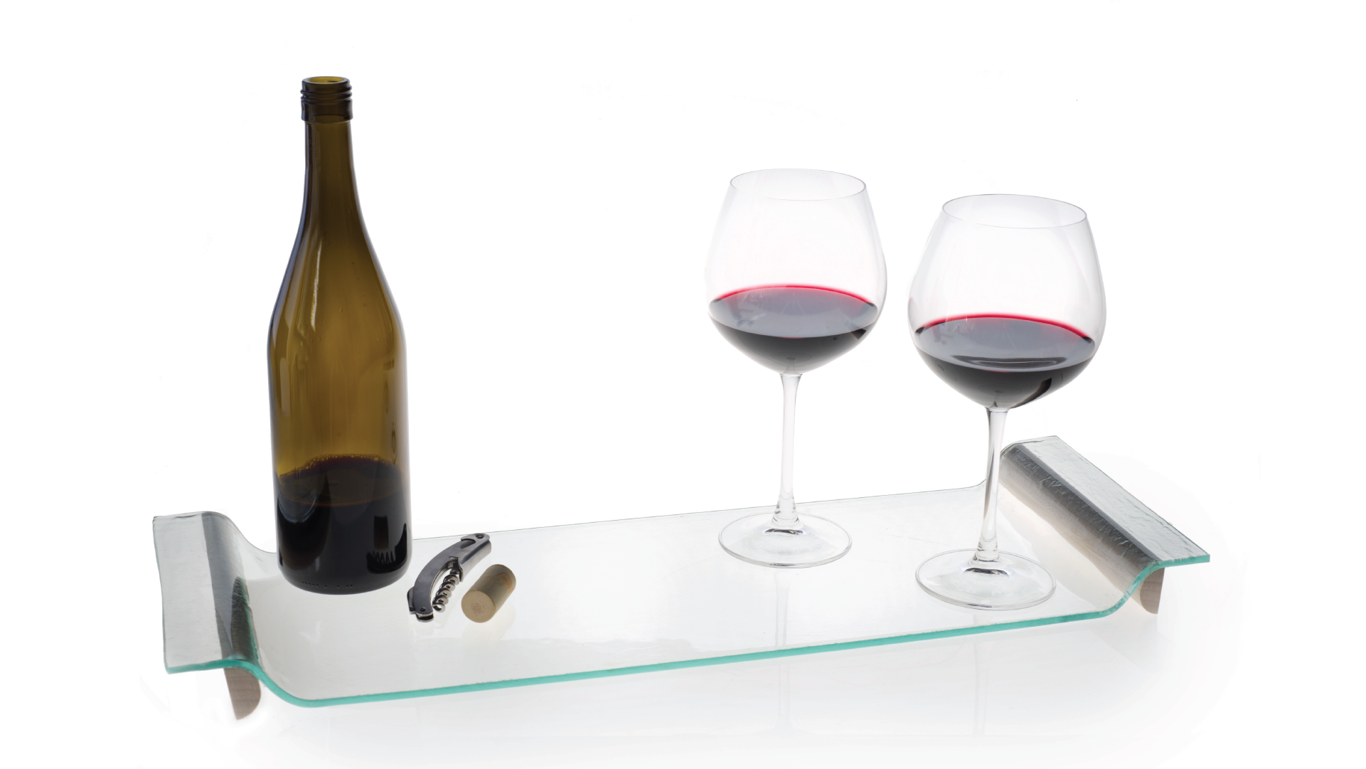 Glass tray with half dowels on each side as a feet. Bottle of wine, 2 cups of wines and a bottle opener placed on the top of the tray.
